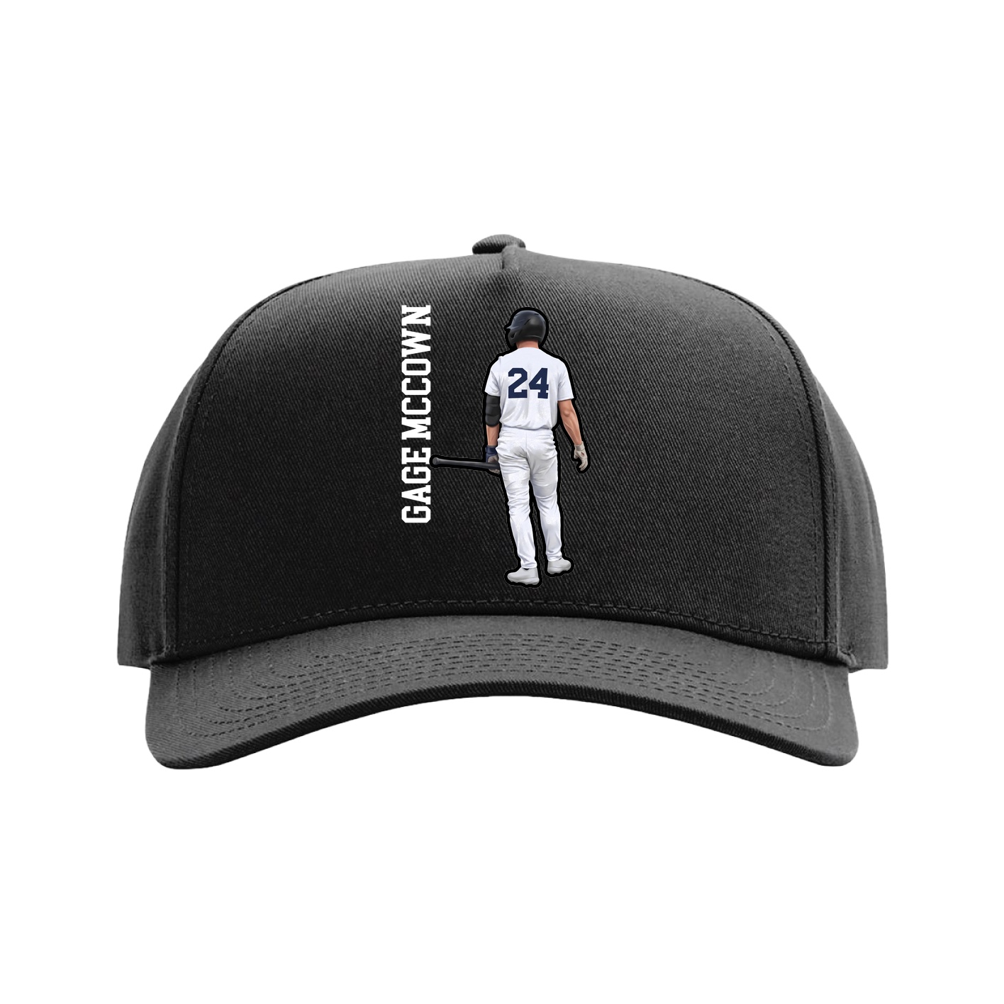 Full Fabric Five-Panel Champ Cap — Name Vertical in Black