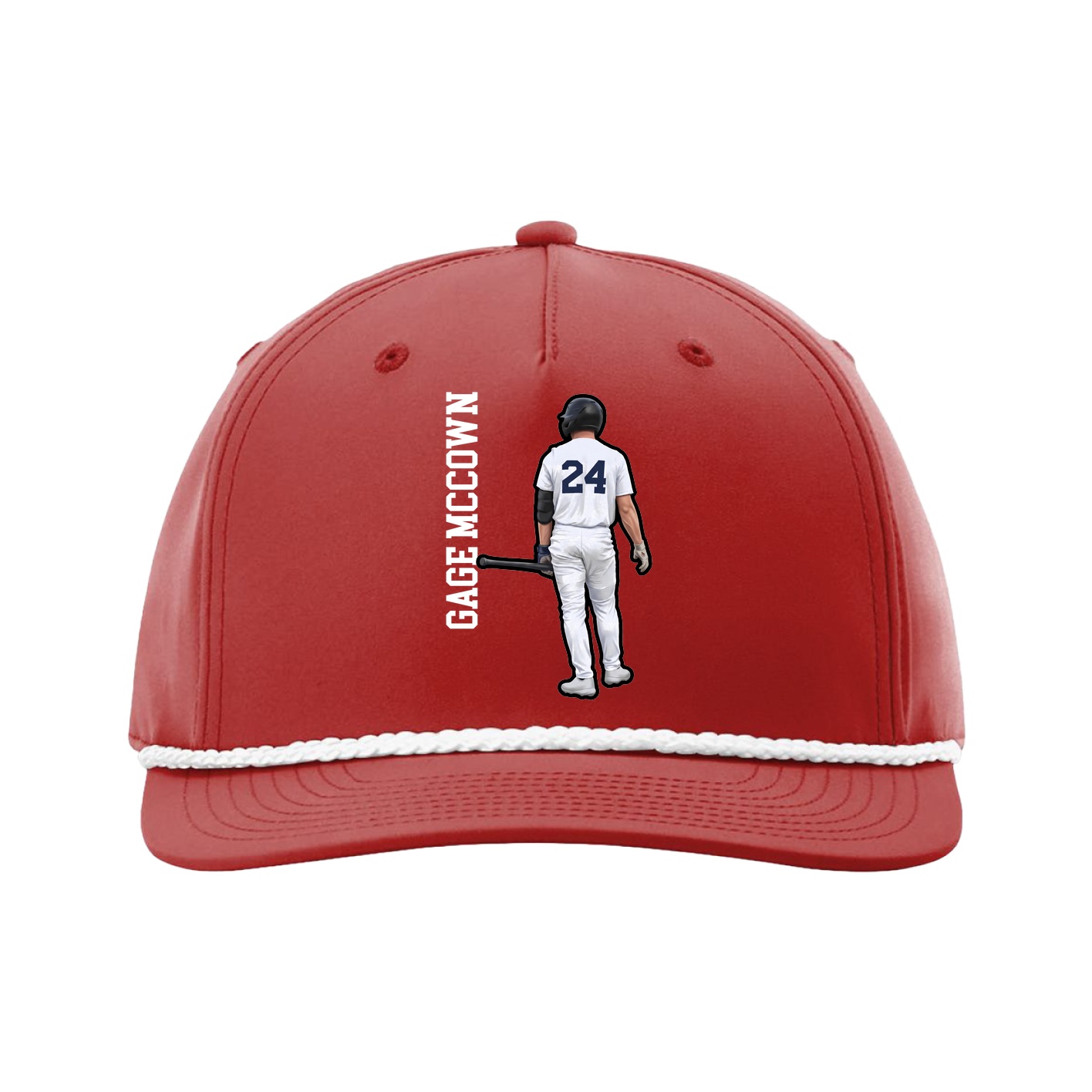 Five-Panel Classic Rope Cap — Name Vertical in Red