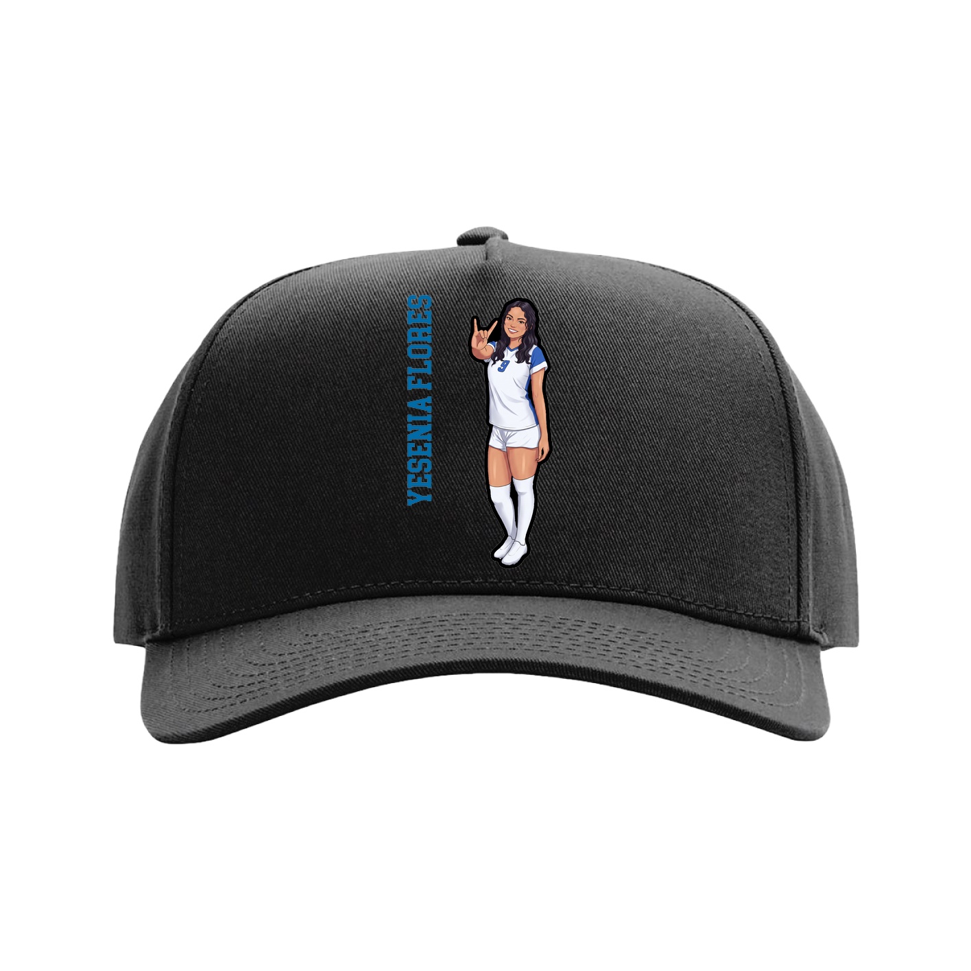 Full Fabric Five-Panel Champ Cap — Name Vertical in Black