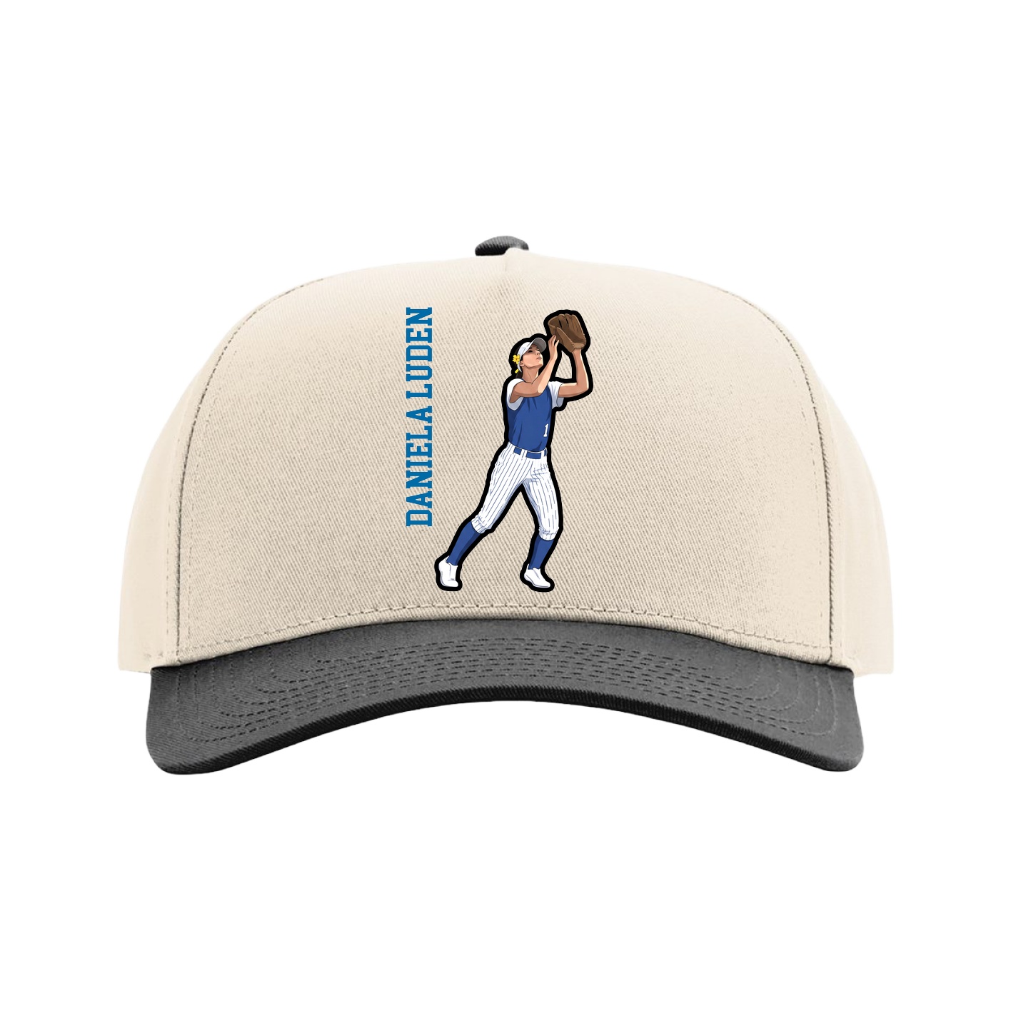 Full Fabric Five-Panel Champ Cap — Name Vertical in Cream/Black