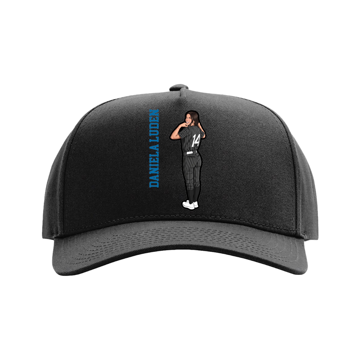 Full Fabric Five-Panel Champ Cap — Name Vertical in Black