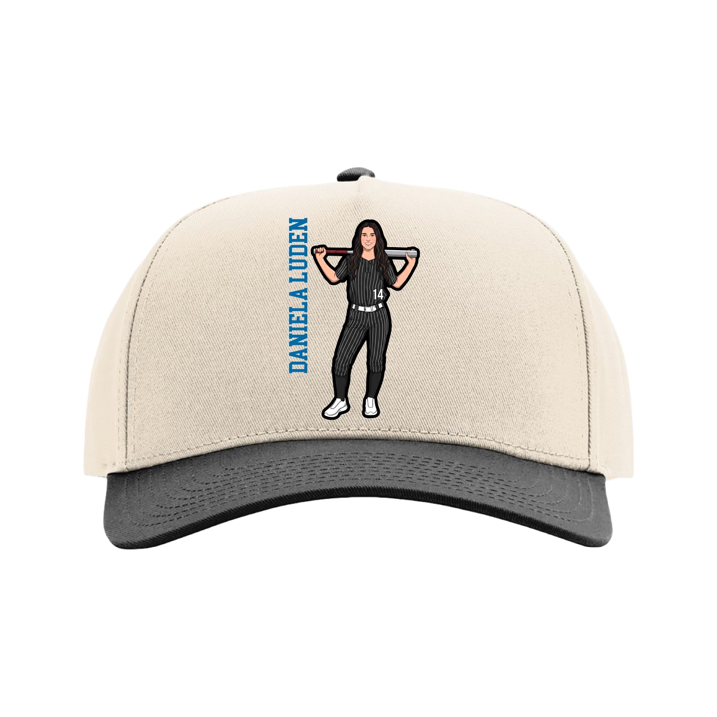 Full Fabric Five-Panel Champ Cap — Name Vertical in Cream/Black