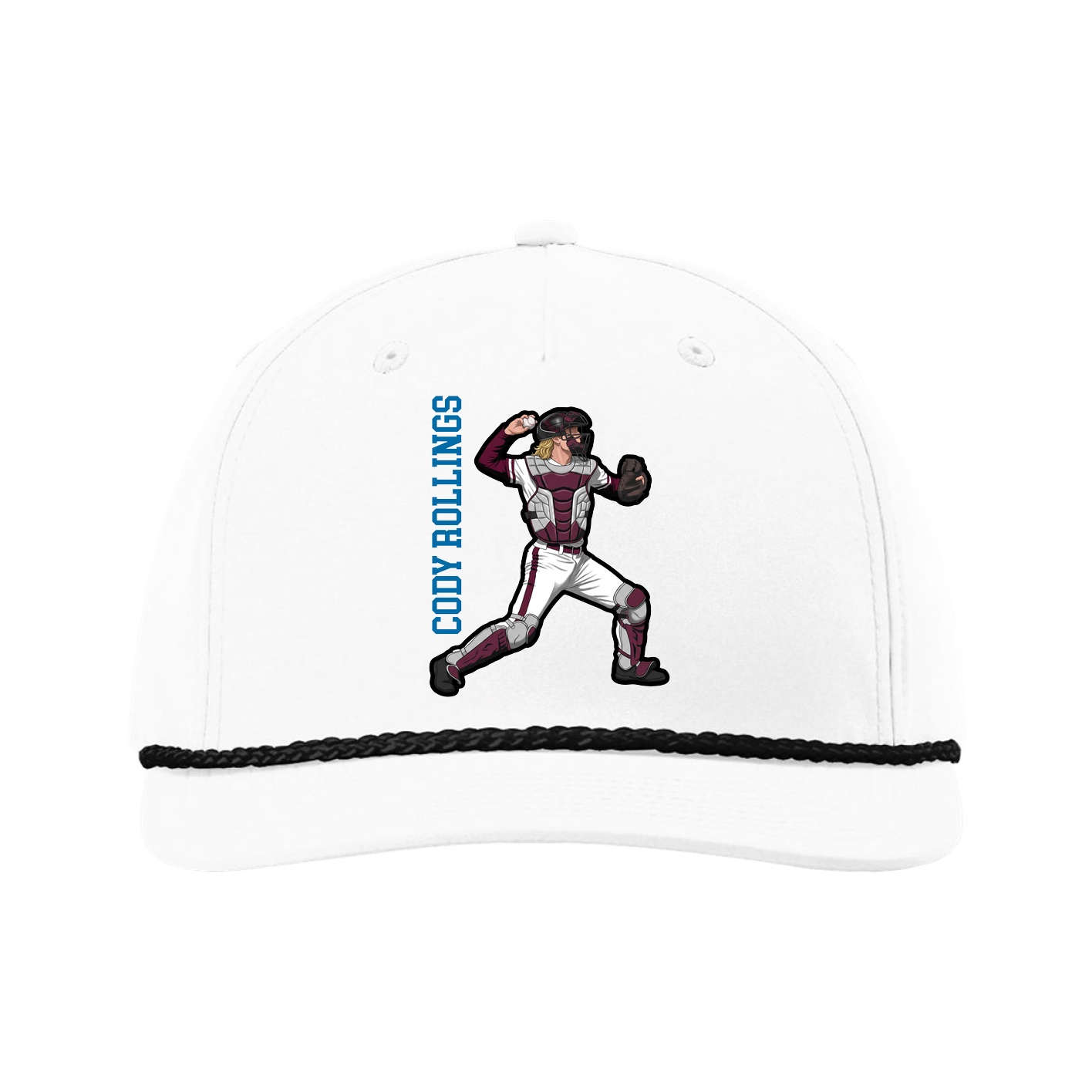 Five-Panel Classic Rope Cap — Name Vertical in White