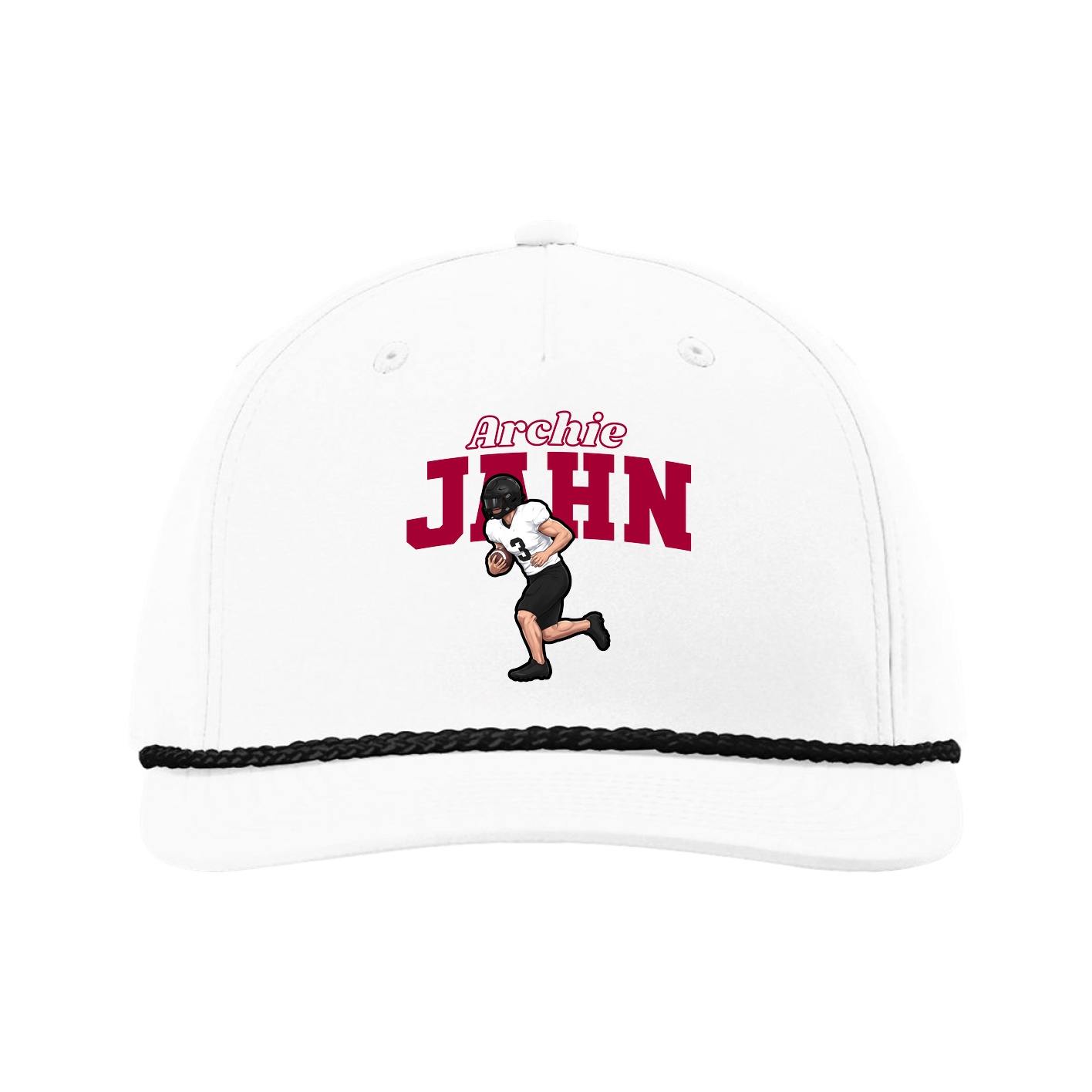 Five-Panel Classic Rope Cap — Name Arch in White