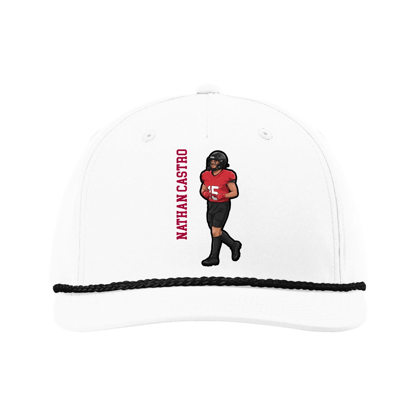Five-Panel Classic Rope Cap — Name Vertical in White