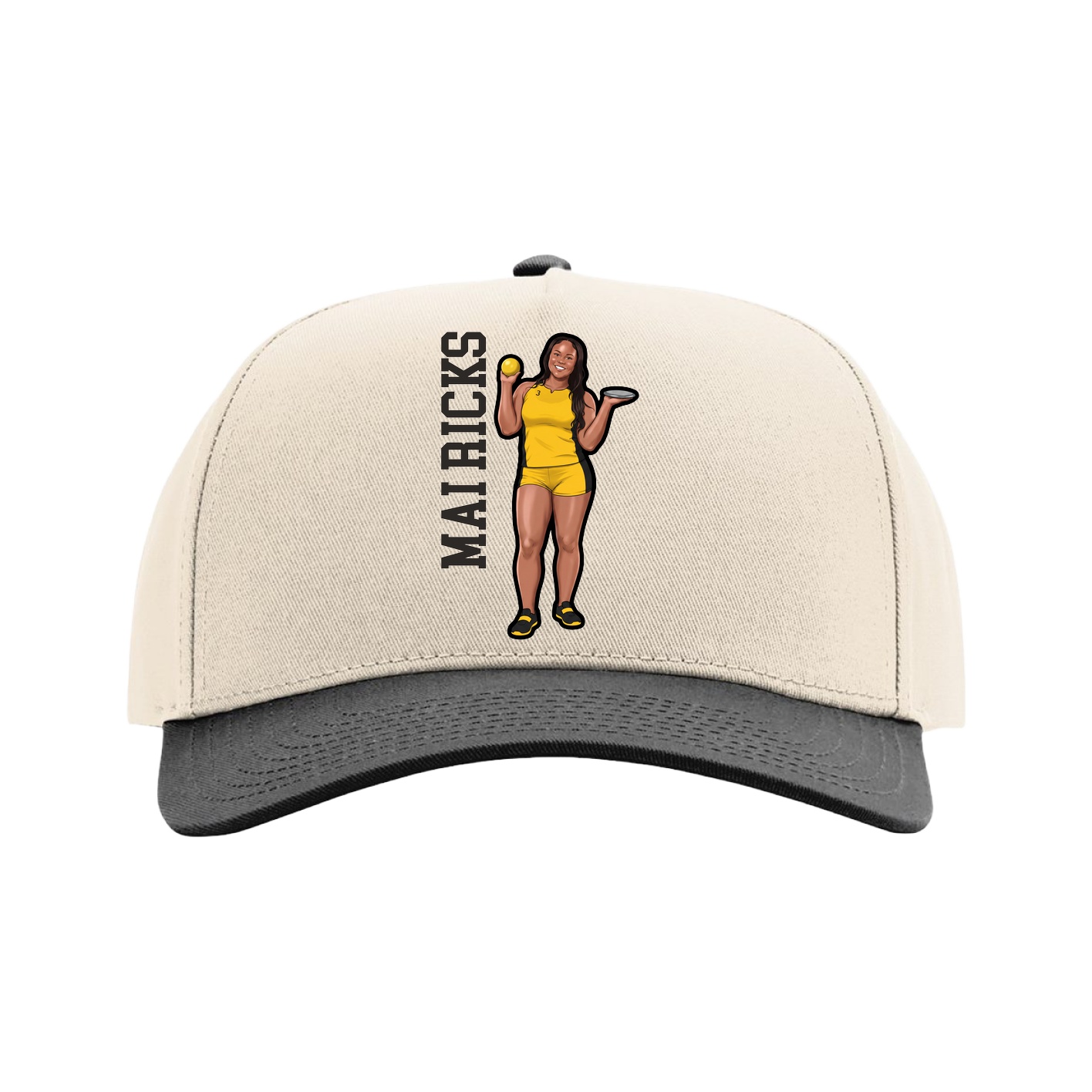 Full Fabric Five-Panel Champ Cap — Name Vertical in Cream/Black