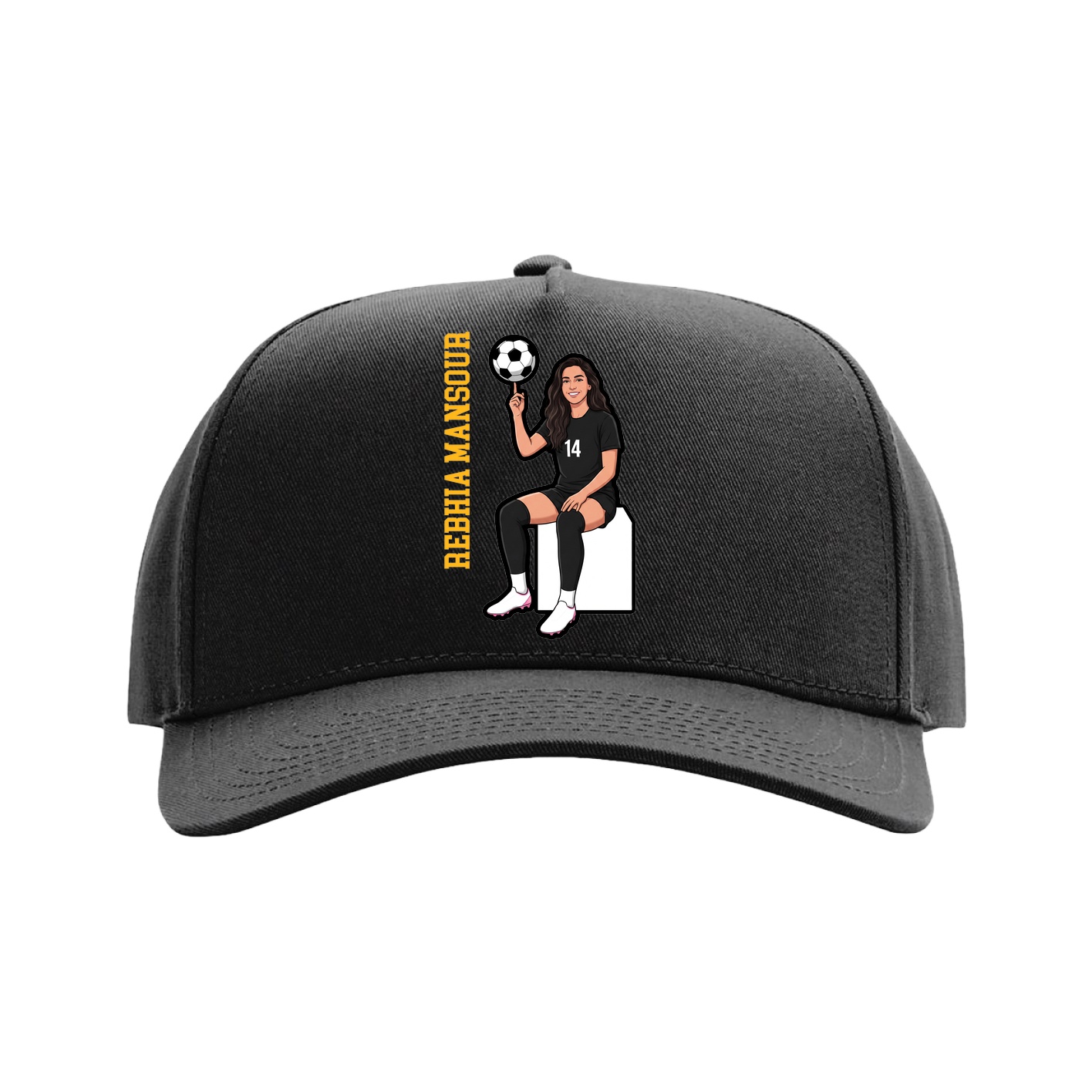 Full Fabric Five-Panel Champ Cap — Name Vertical in Black