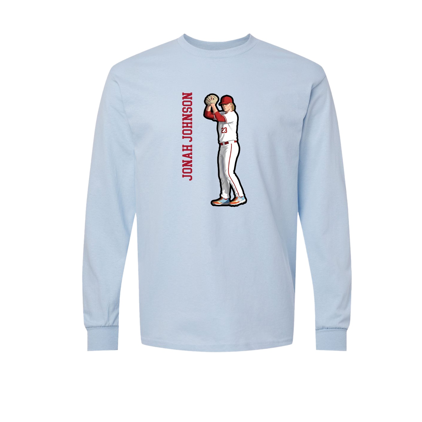 Long Sleeve Tee — Name Vertical in Light Blue