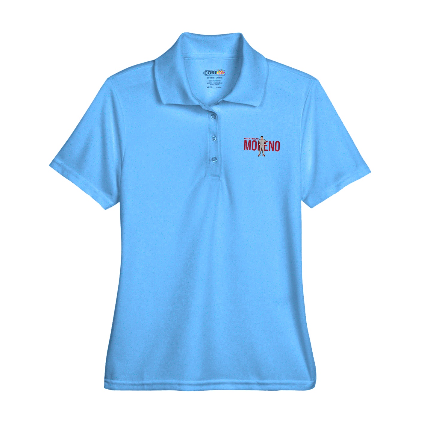 Womens Performance Polo — Player Name in Light Blue