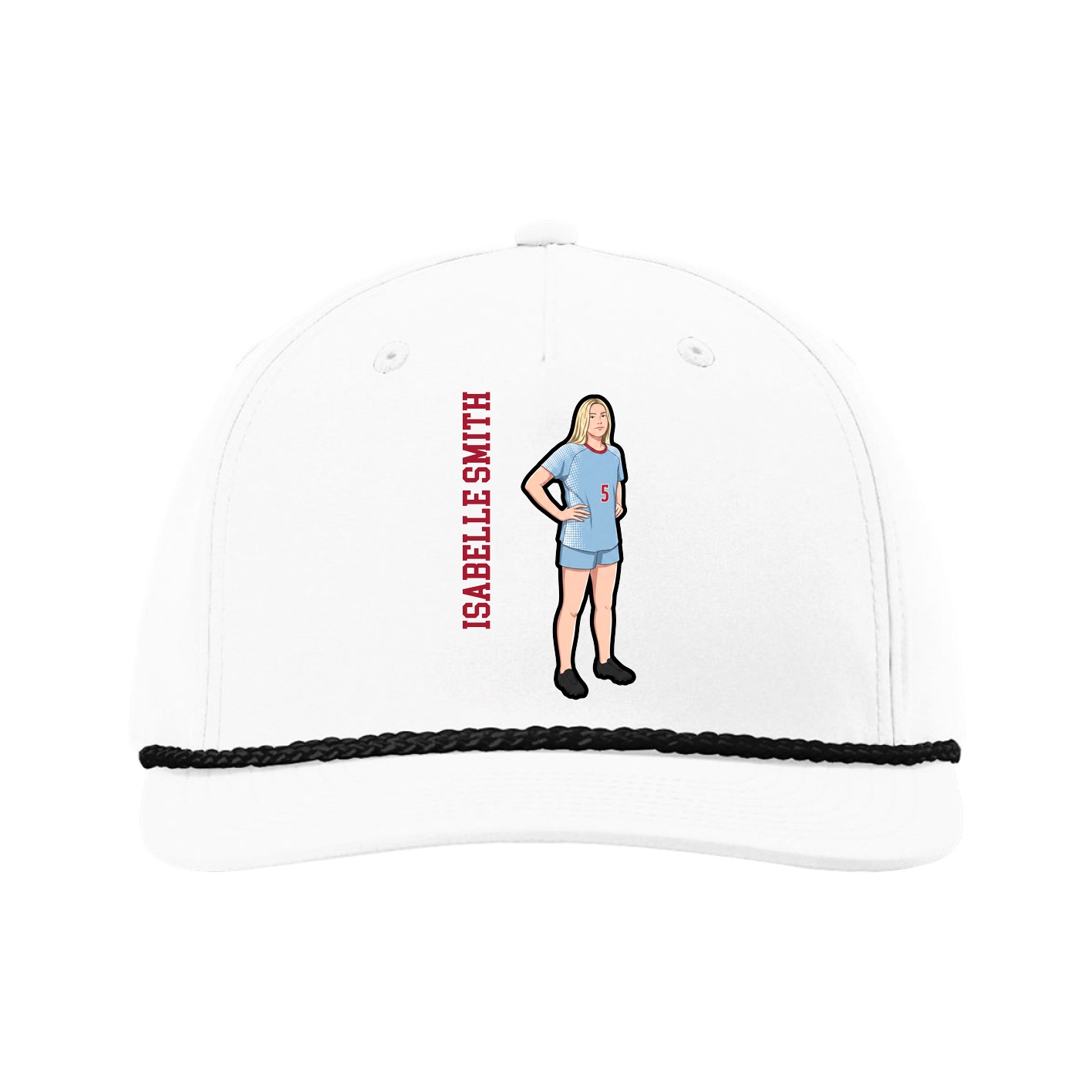 Five-Panel Classic Rope Cap — Name Vertical in White