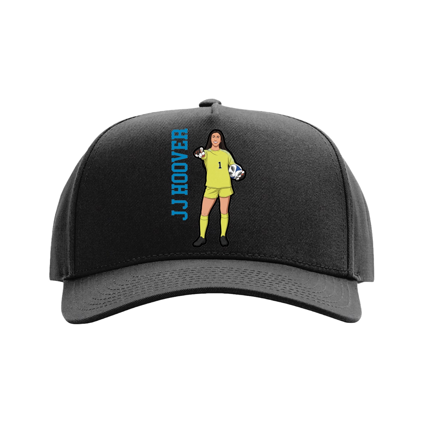 Full Fabric Five-Panel Champ Cap — Name Vertical in Black