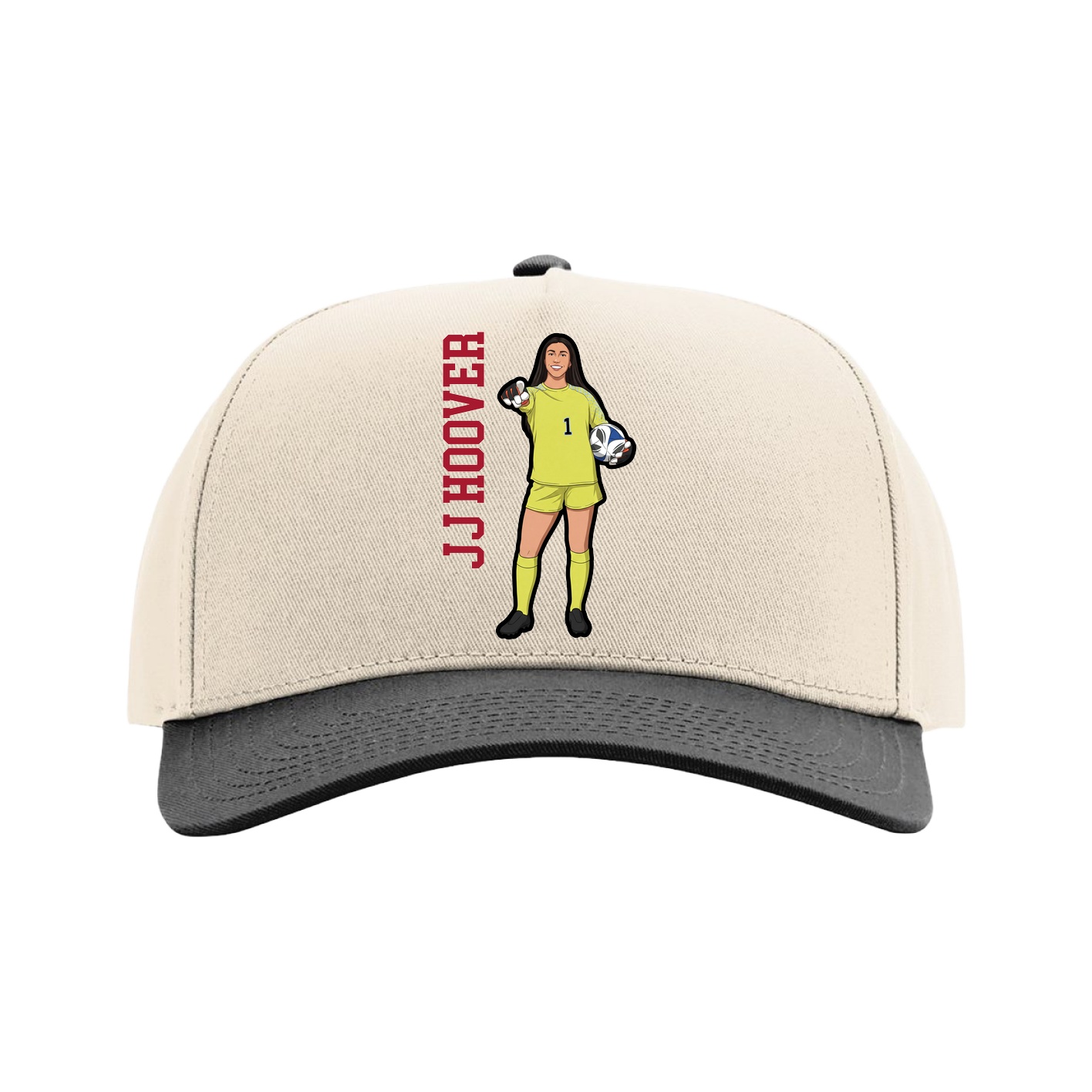 Full Fabric Five-Panel Champ Cap — Name Vertical in Cream/Black