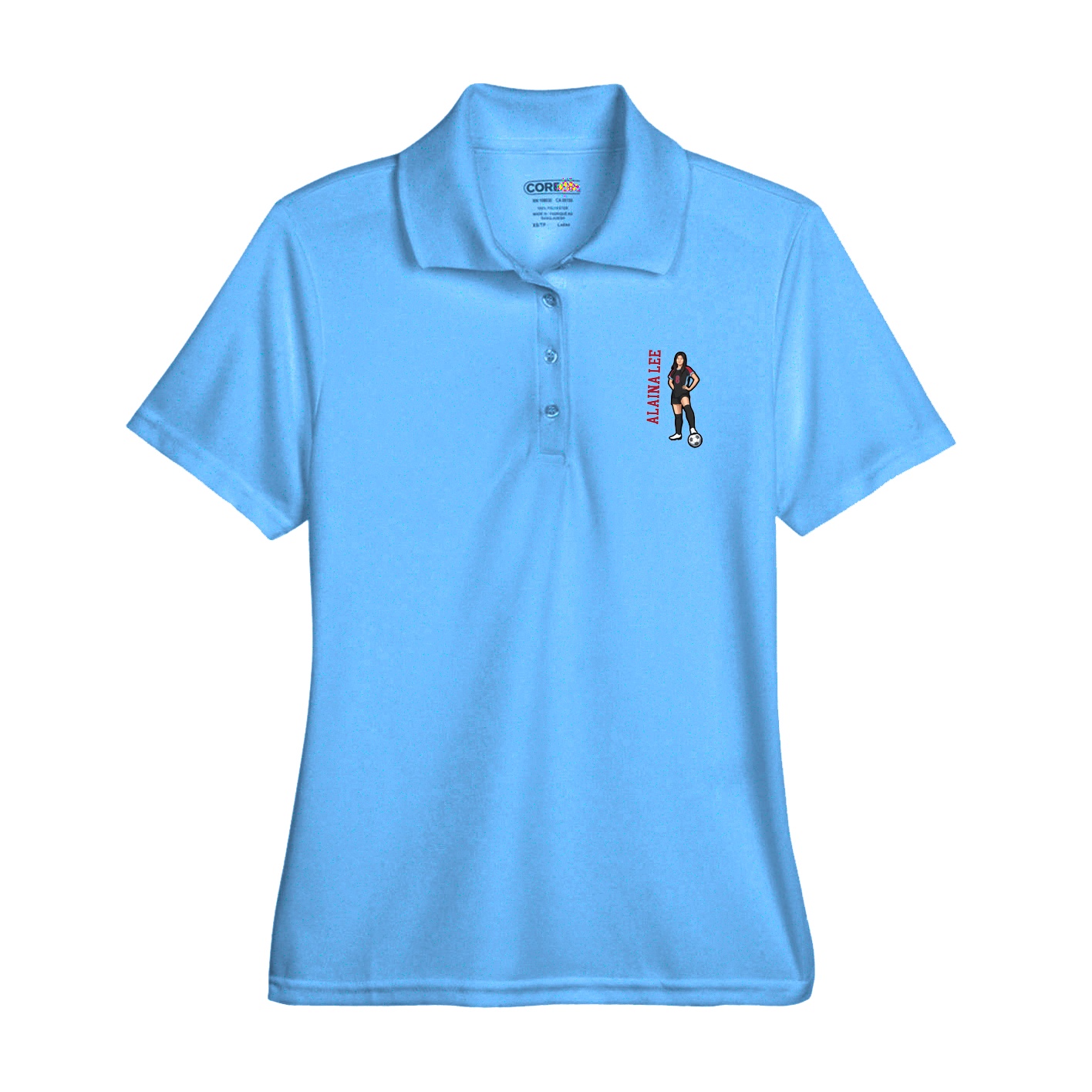 Womens Performance Polo — Name Vertical in Light Blue