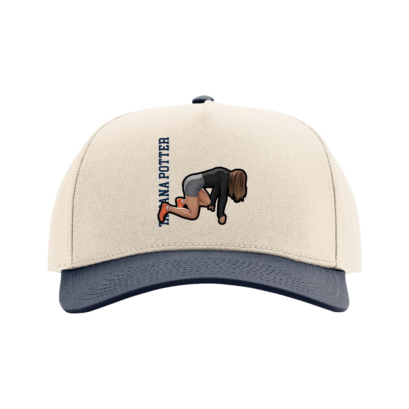 Full Fabric Five-Panel Champ Cap — Name Vertical in Cream/Navy