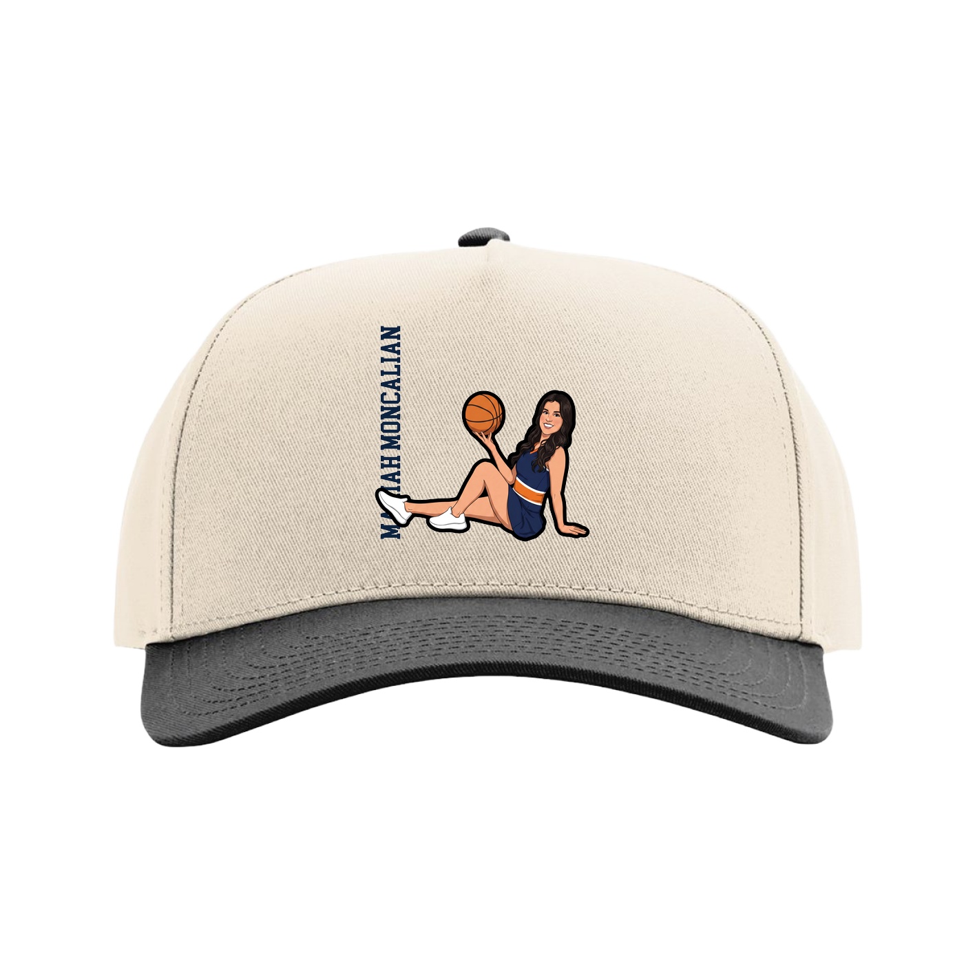 Full Fabric Five-Panel Champ Cap — Name Vertical in Cream/Black