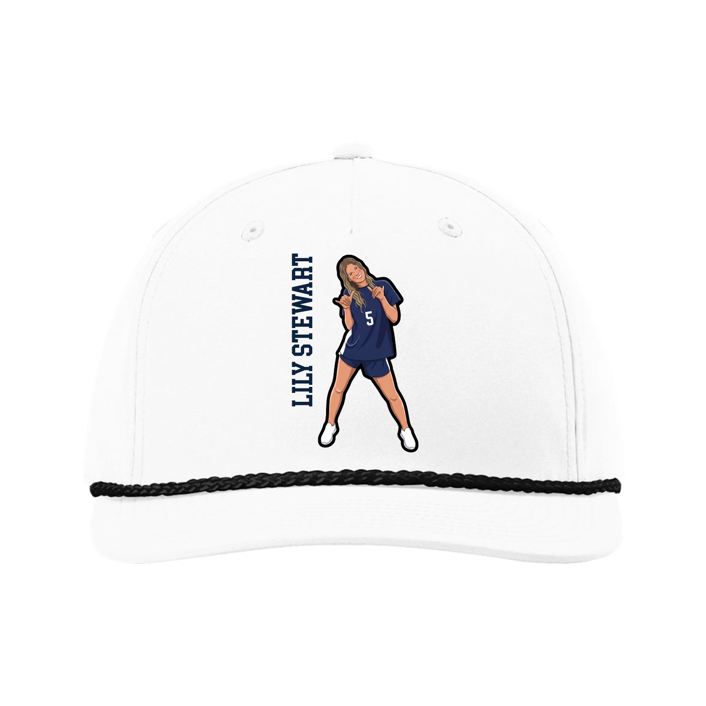 Five-Panel Classic Rope Cap — Name Vertical in White