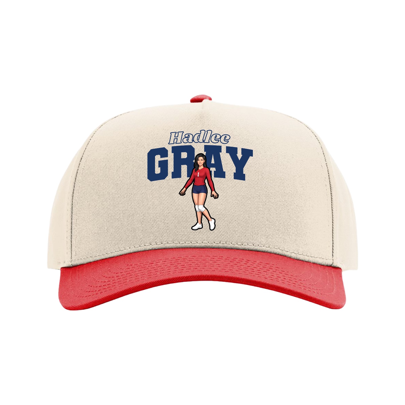 Full Fabric Five-Panel Champ Cap — Name Arch in Cream/Red