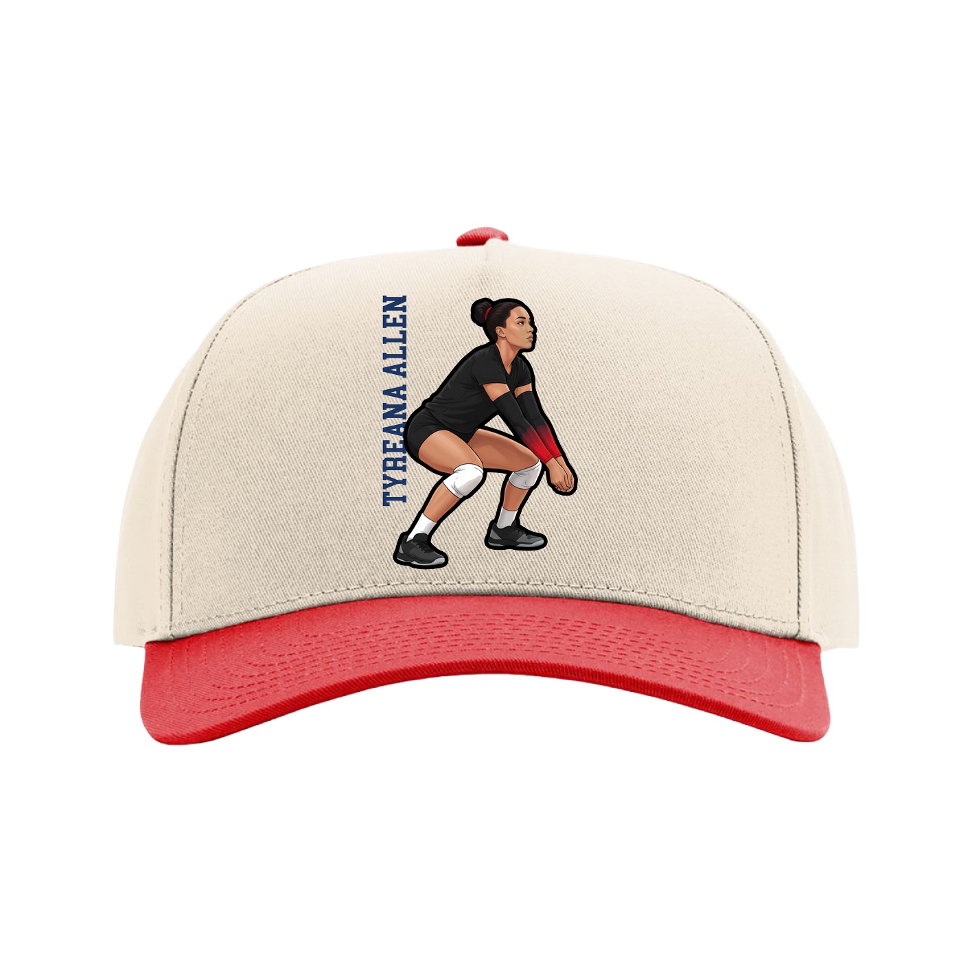 Full Fabric Five-Panel Champ Cap — Name Vertical in Cream/Red