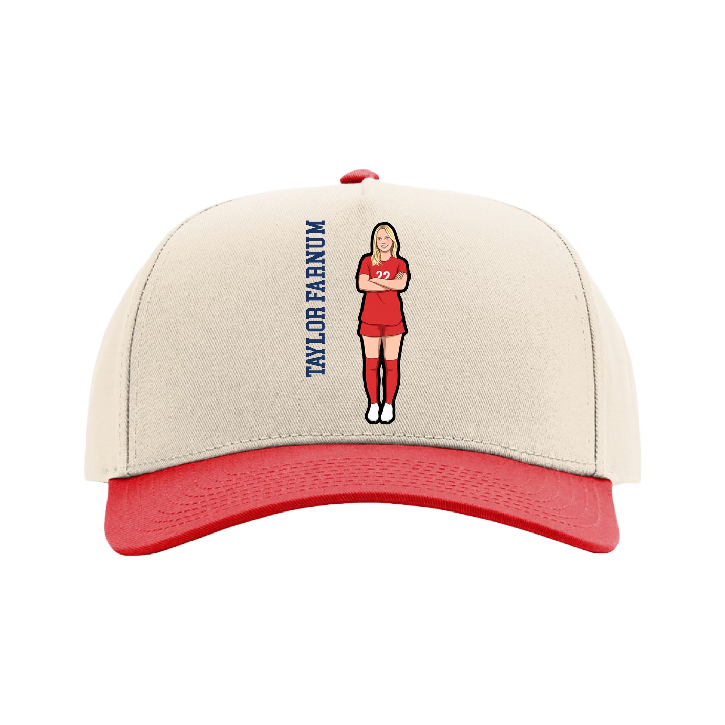Full Fabric Five-Panel Champ Cap — Name Vertical in Cream/Red