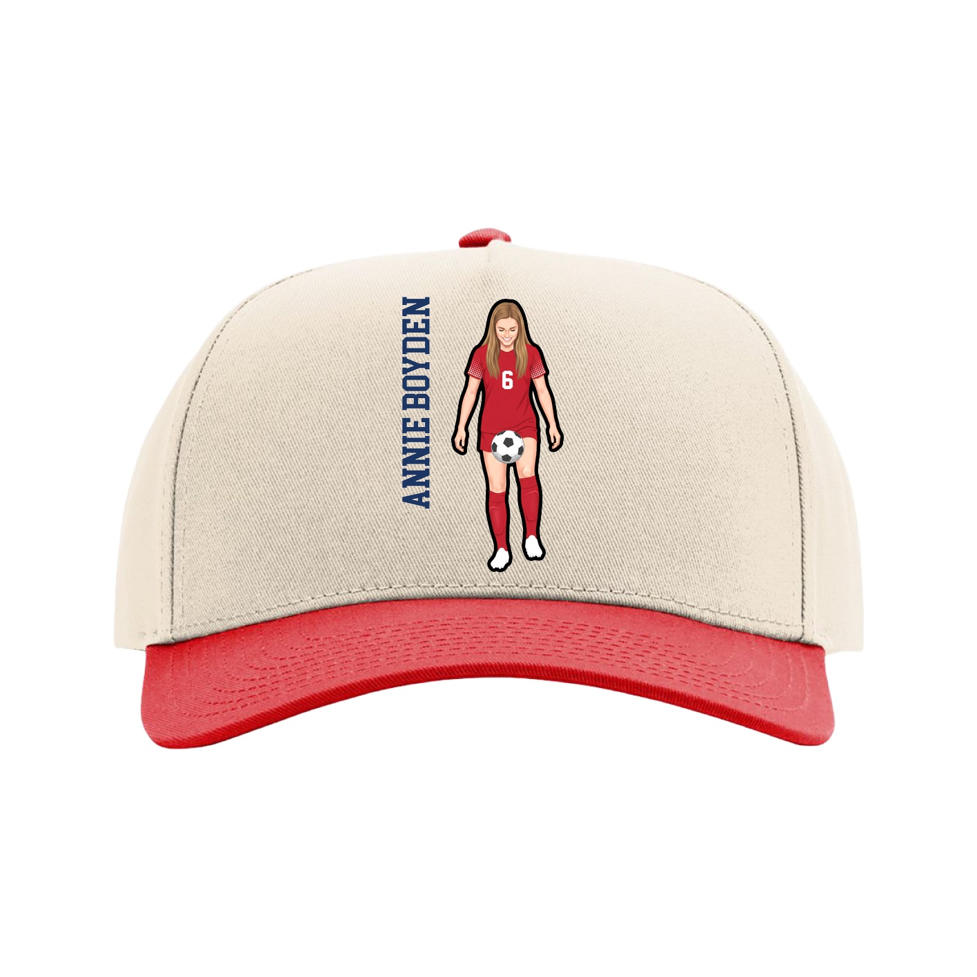 Full Fabric Five-Panel Champ Cap — Name Vertical in Cream/Red