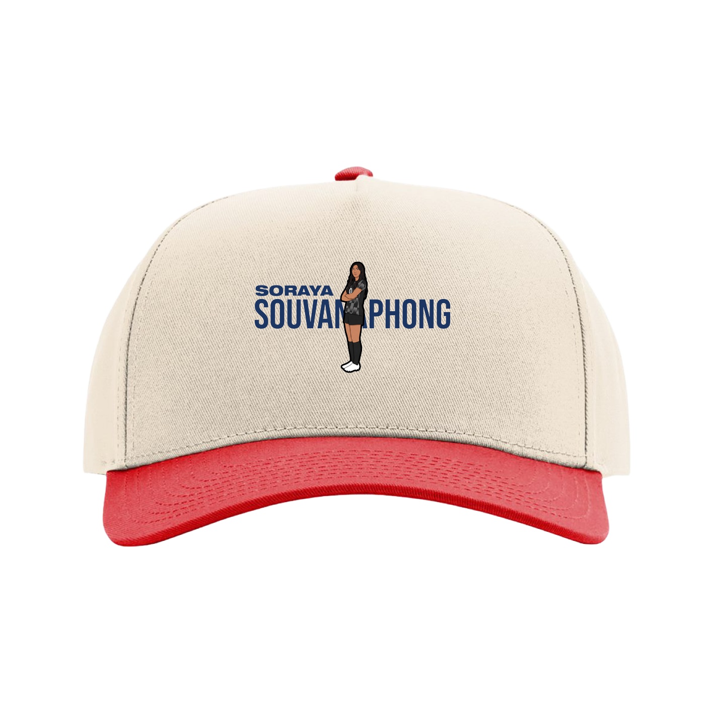 Full Fabric Five-Panel Champ Cap — Player Name in Cream/Red