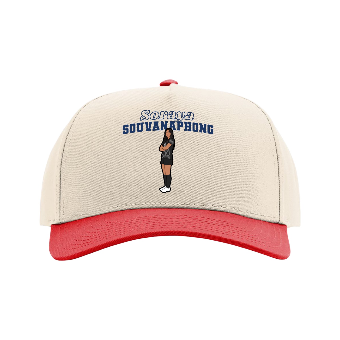 Full Fabric Five-Panel Champ Cap — Name Arch in Cream/Red