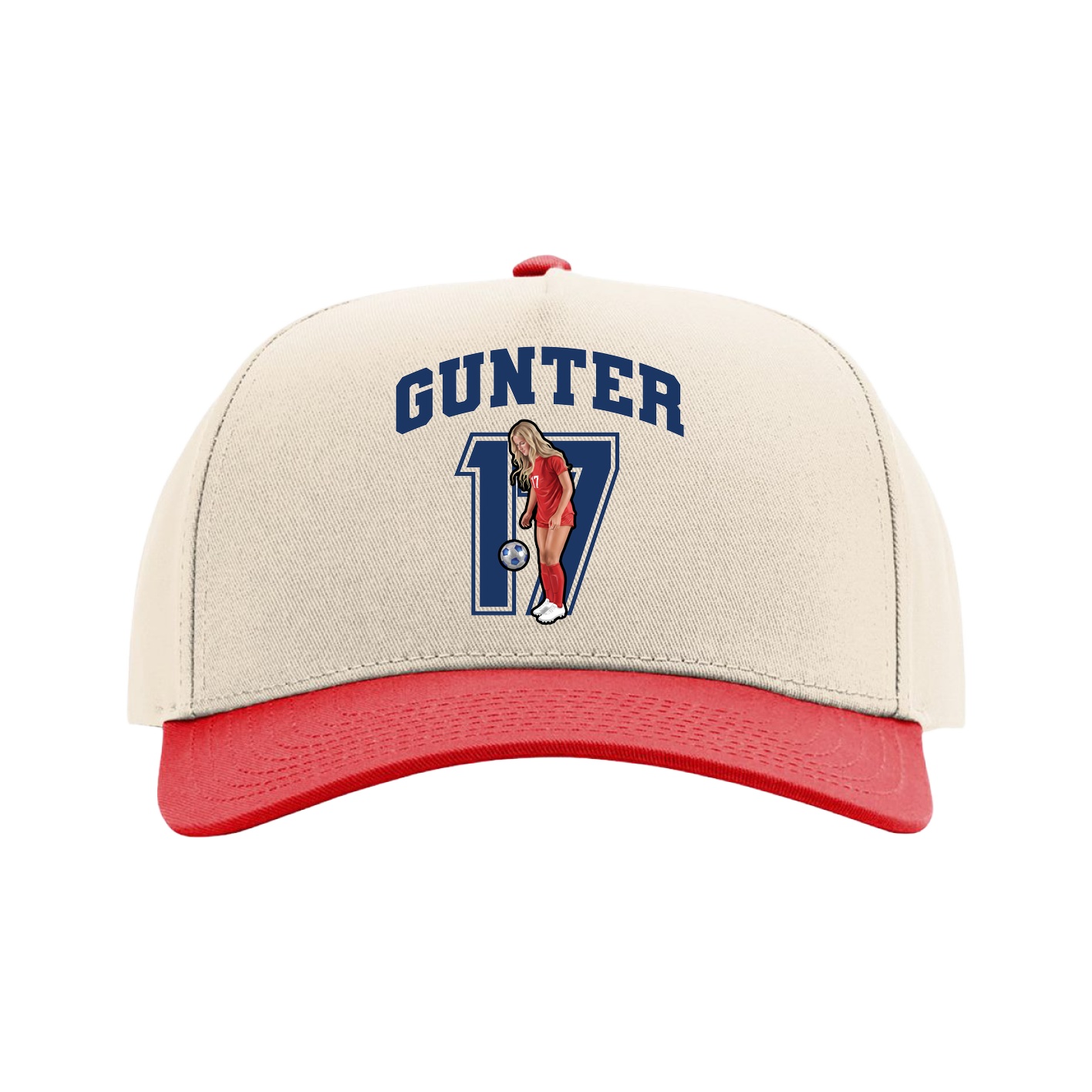 Full Fabric Five-Panel Champ Cap — Number in Cream/Red