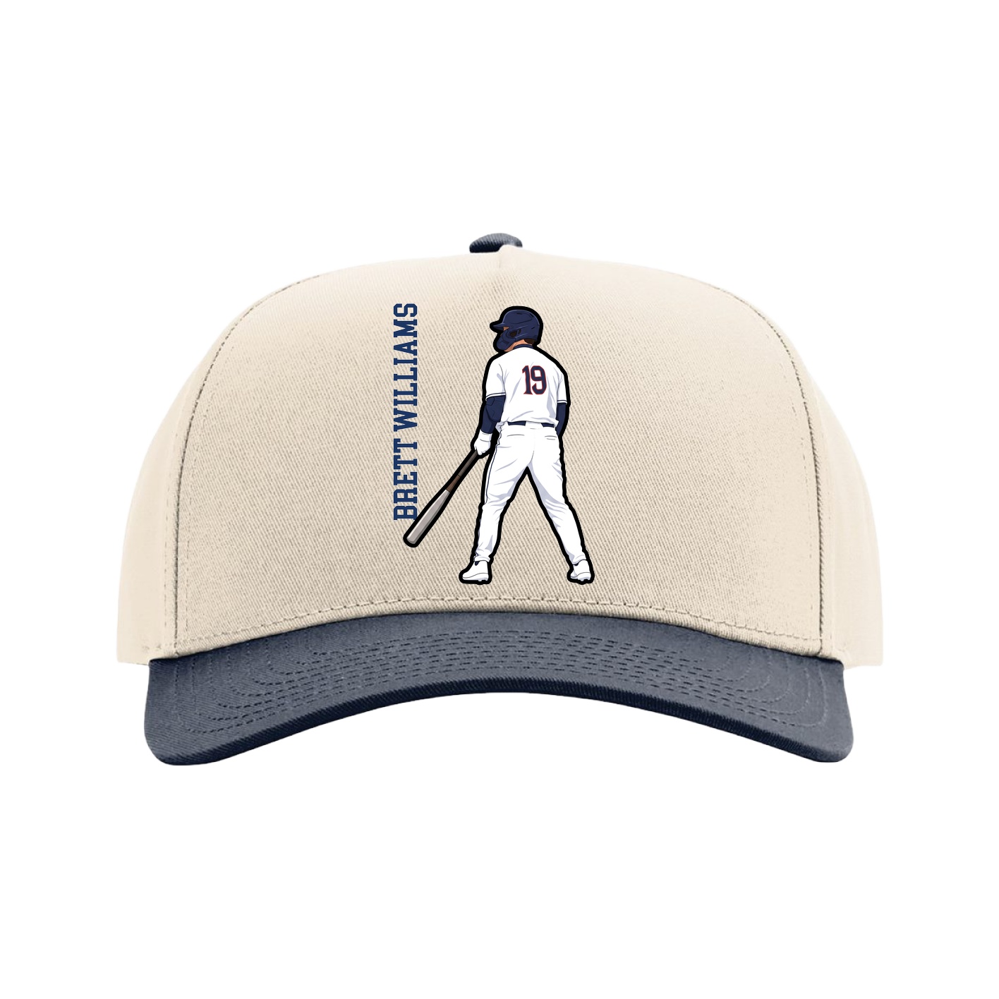 Full Fabric Five-Panel Champ Cap — Name Vertical in Cream/Navy