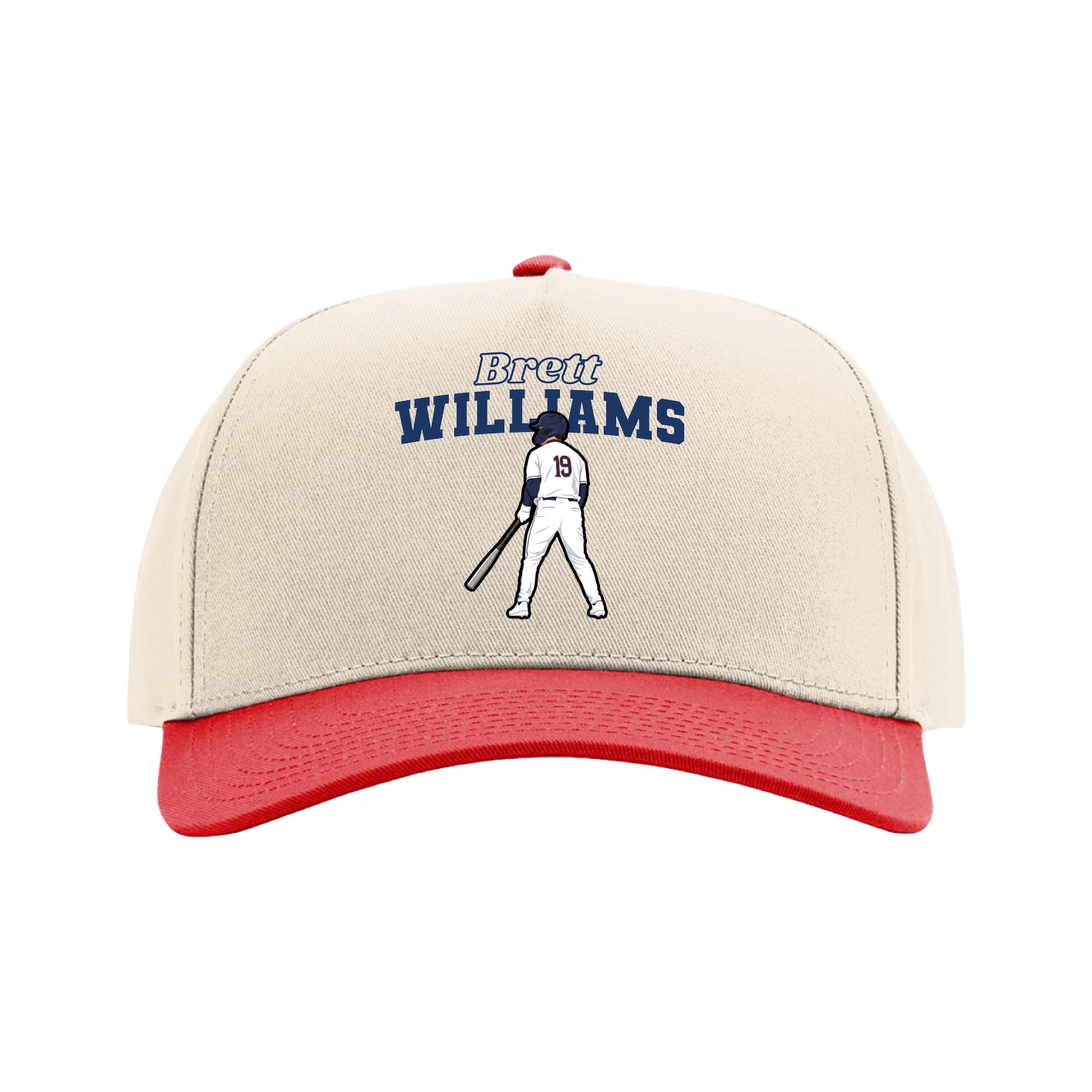 Full Fabric Five-Panel Champ Cap — Name Arch in Cream/Red