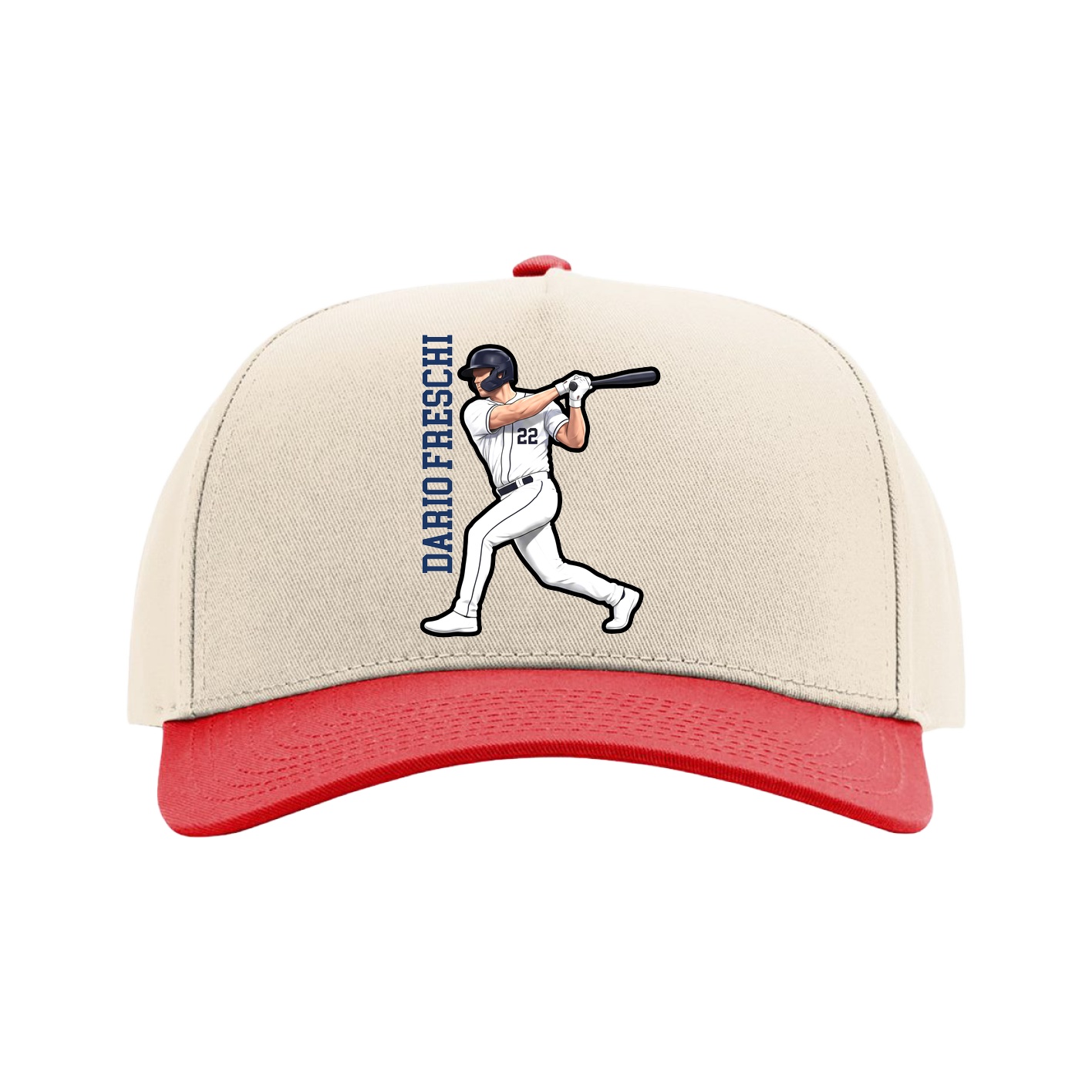 Full Fabric Five-Panel Champ Cap — Name Vertical in Cream/Red