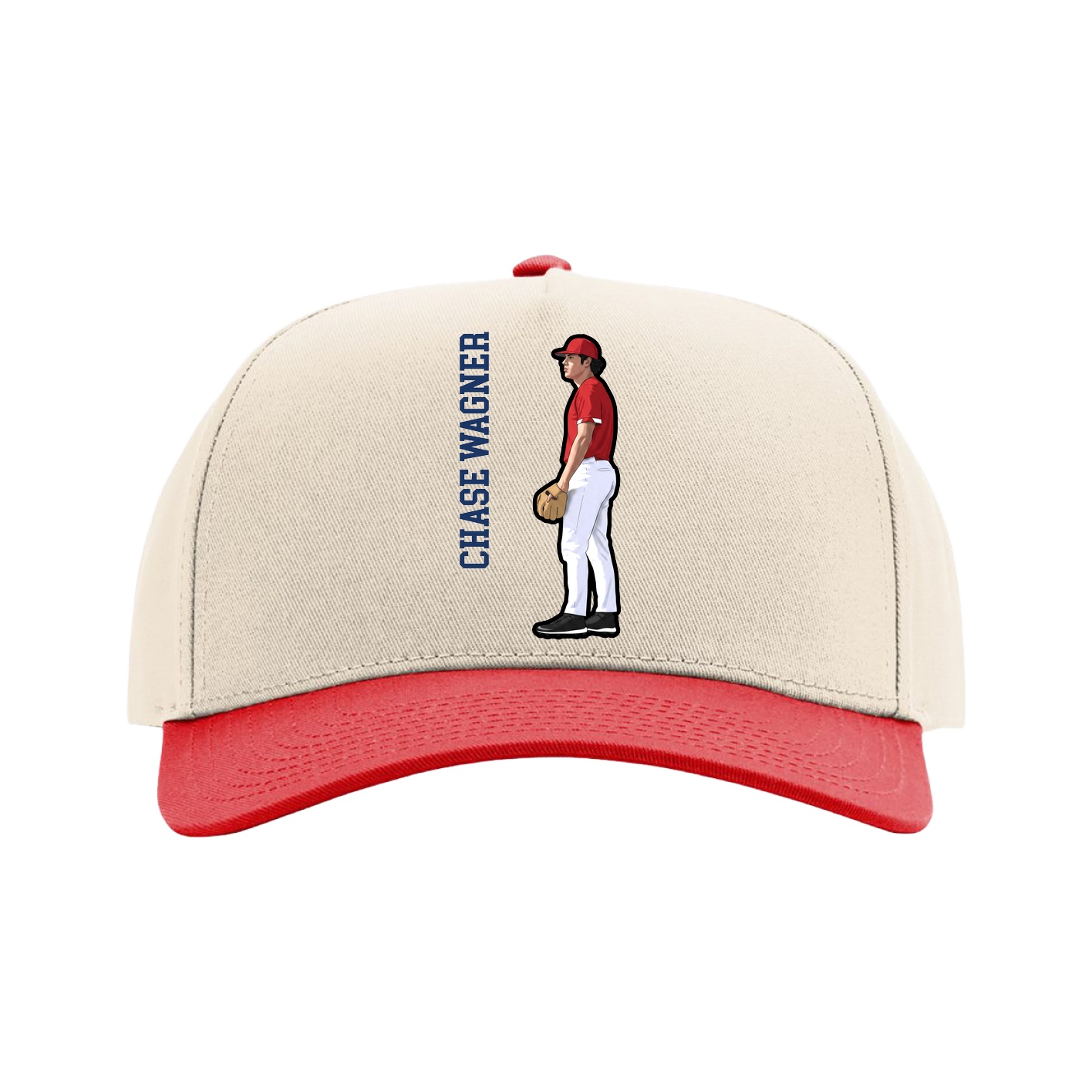 Full Fabric Five-Panel Champ Cap — Name Vertical in Cream/Red