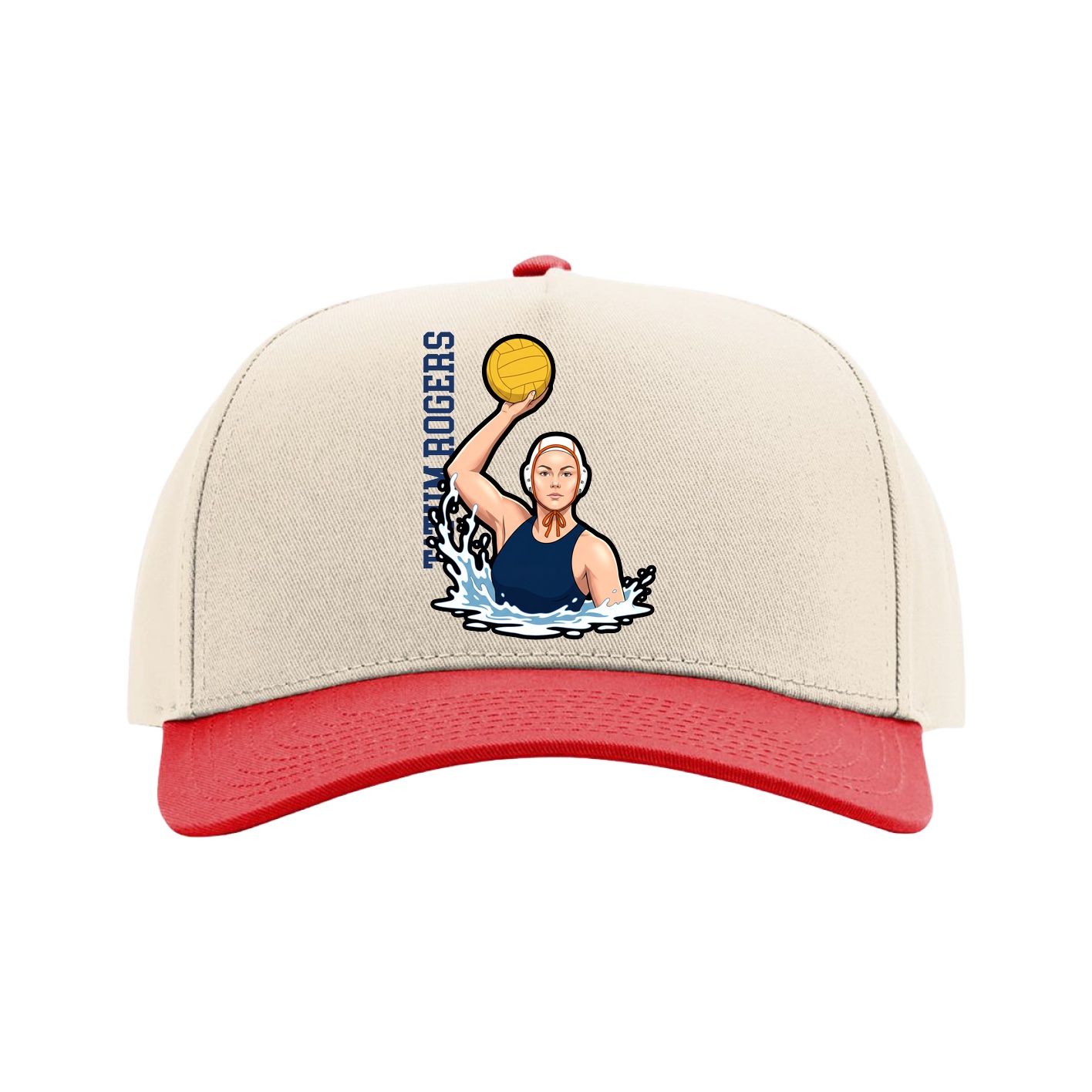 Full Fabric Five-Panel Champ Cap — Name Vertical in Cream/Red
