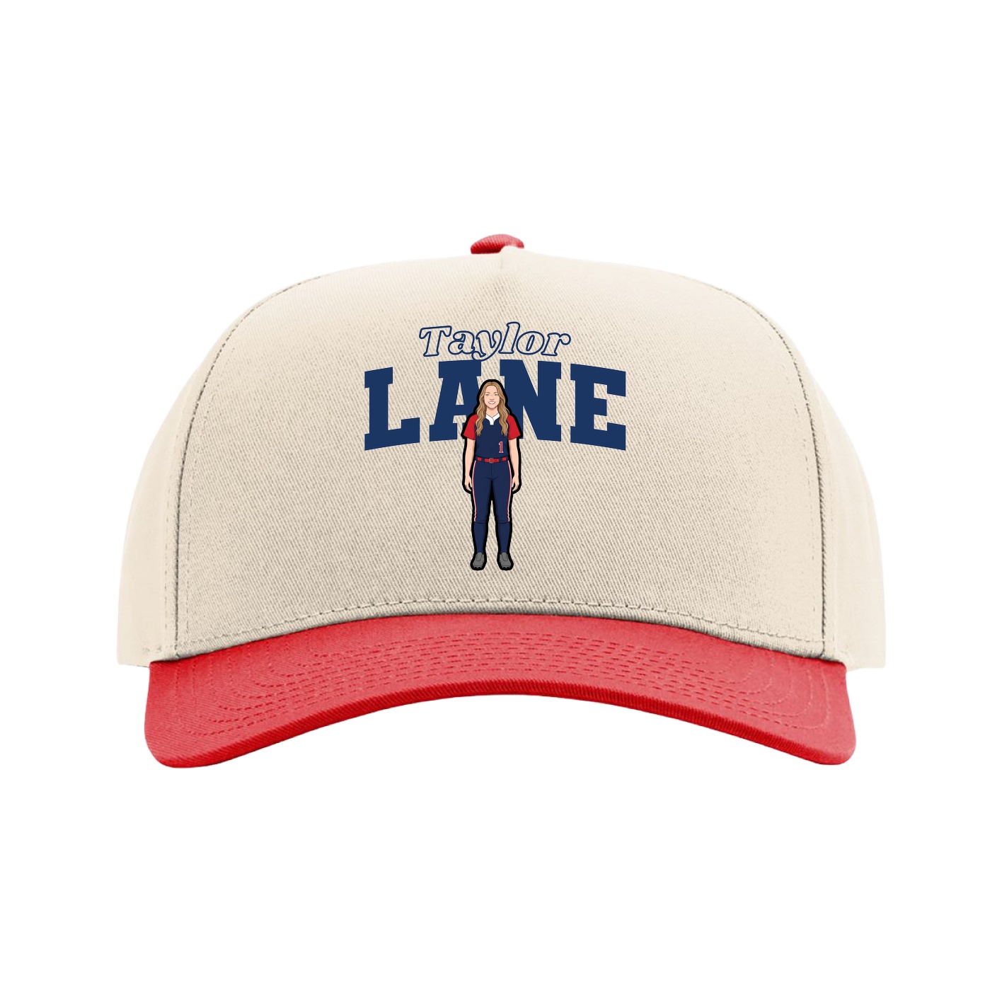 Full Fabric Five-Panel Champ Cap — Name Arch in Cream/Red