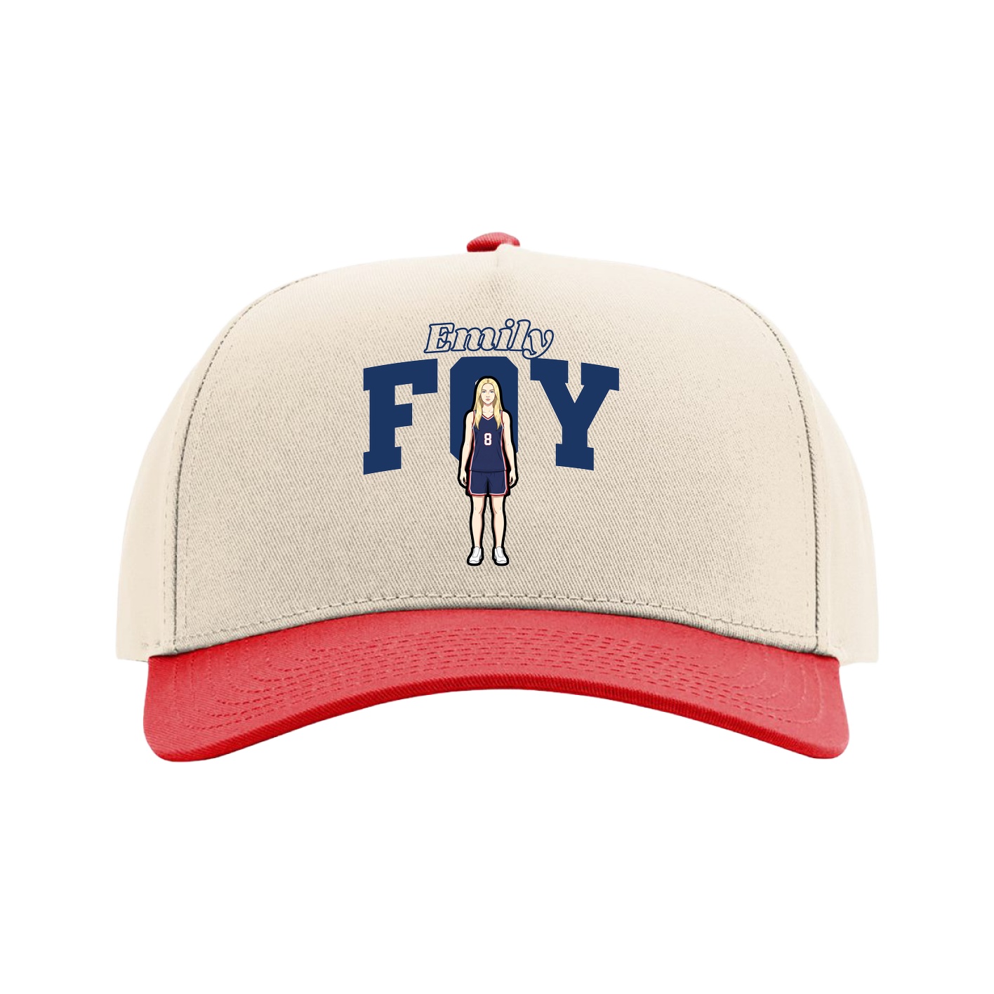 Full Fabric Five-Panel Champ Cap — Name Arch in Cream/Red