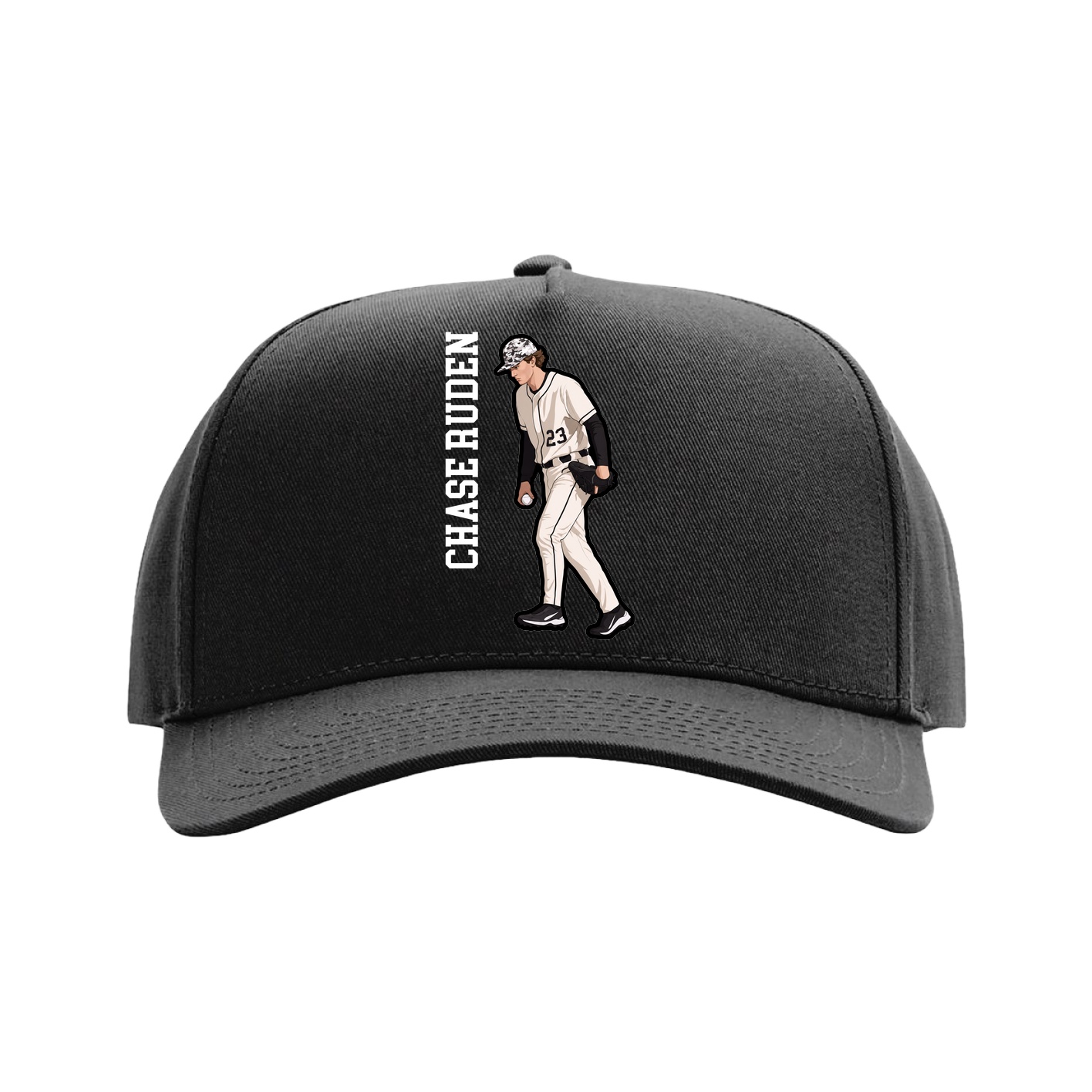 Full Fabric Five-Panel Champ Cap — Name Vertical in Black