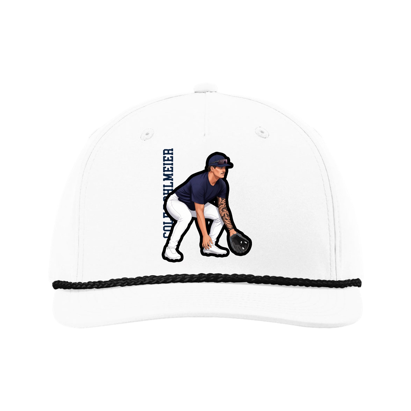 Five-Panel Classic Rope Cap — Name Vertical in White