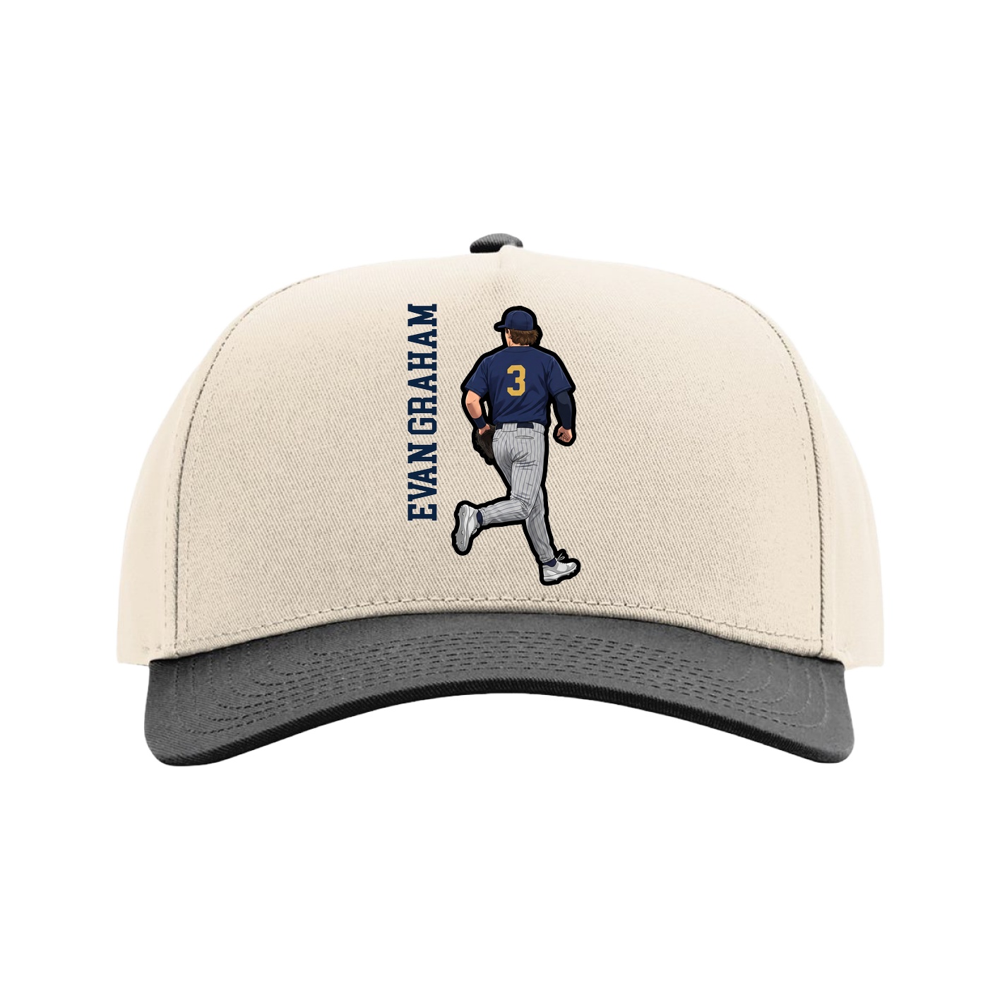 Full Fabric Five-Panel Champ Cap — Name Vertical in Cream/Black