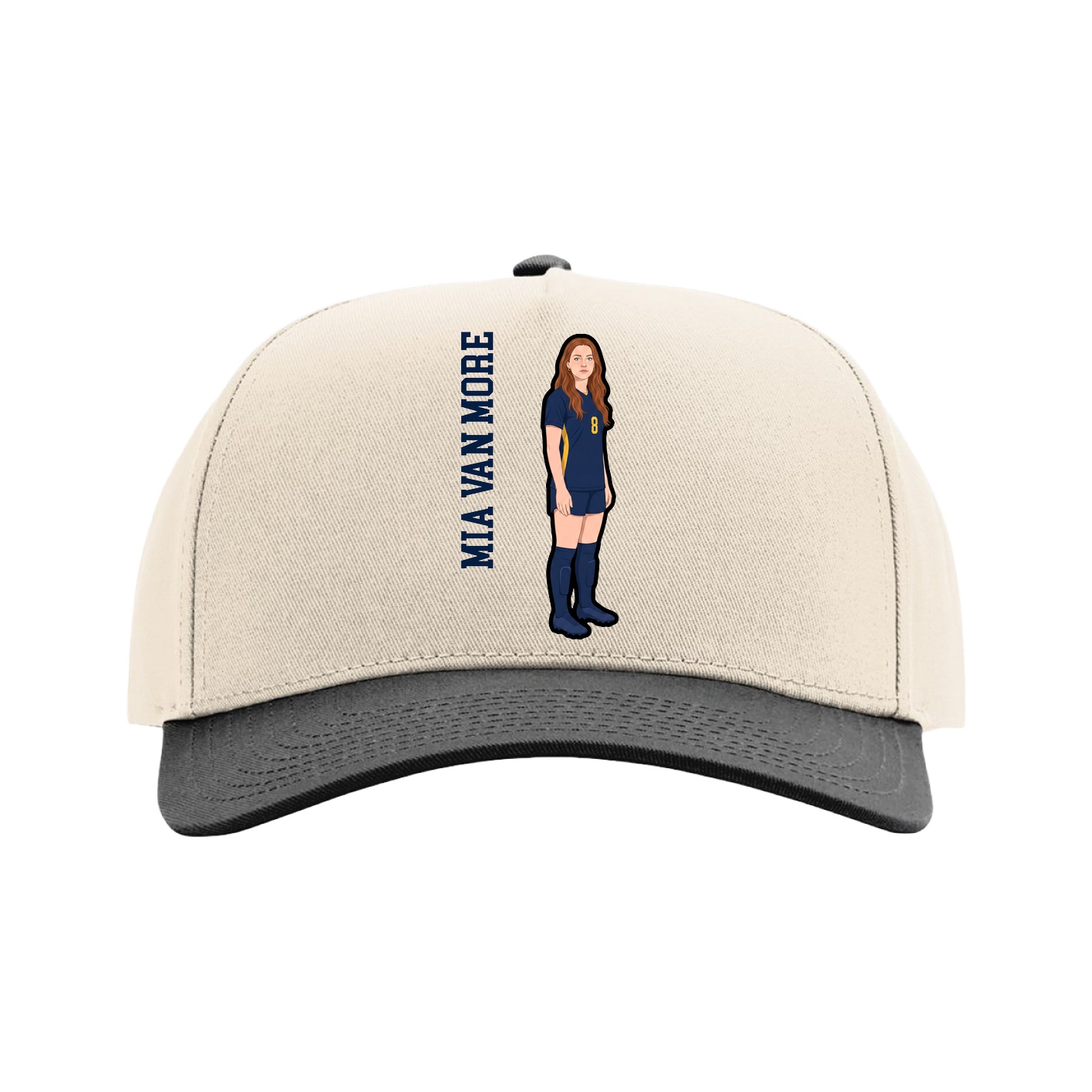 Full Fabric Five-Panel Champ Cap — Name Vertical in Cream/Black