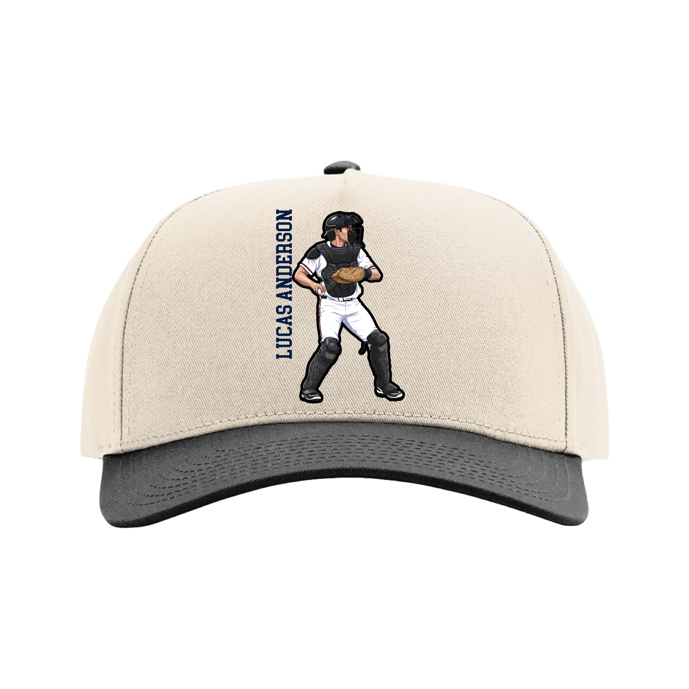 Full Fabric Five-Panel Champ Cap — Name Vertical in Cream/Black