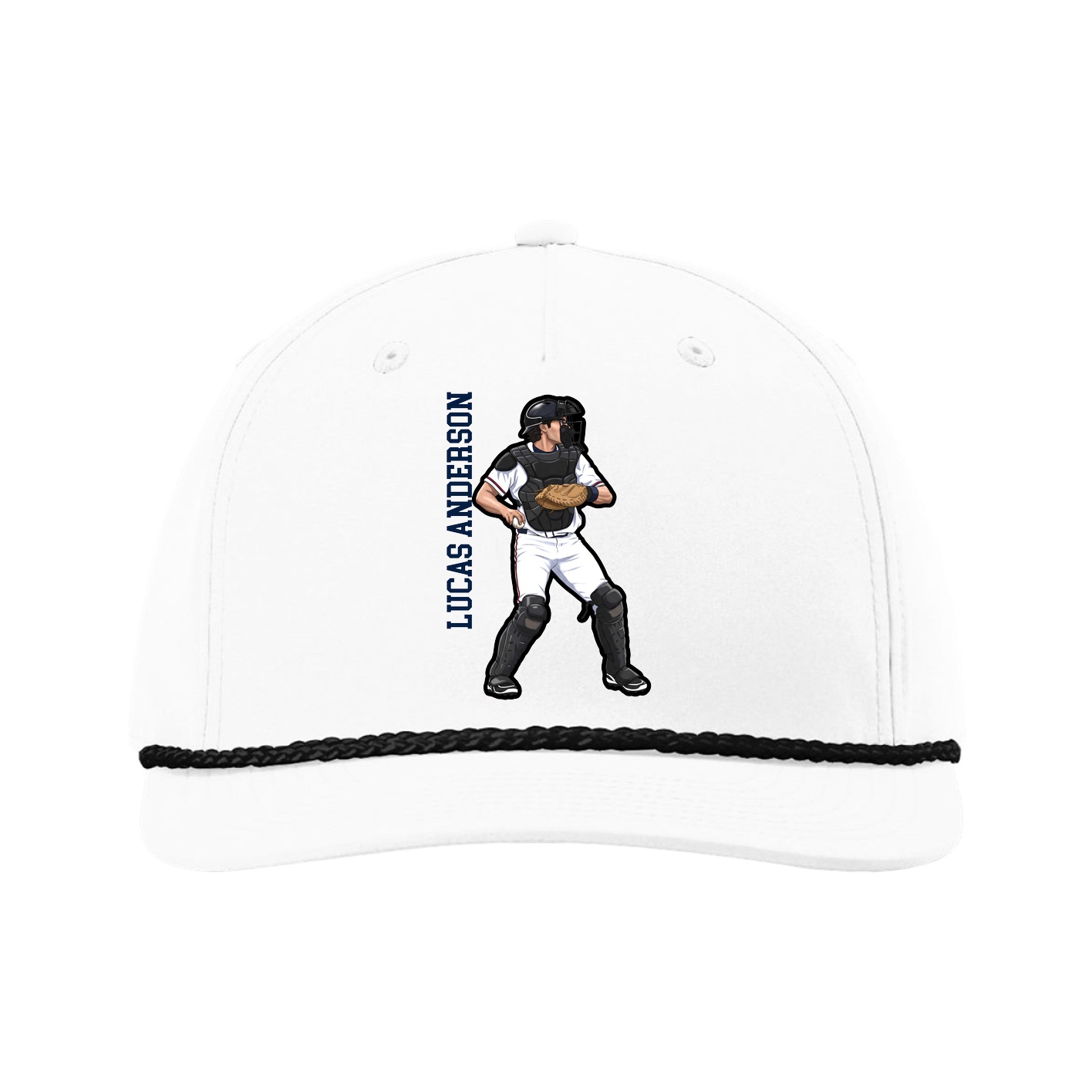 Five-Panel Classic Rope Cap — Name Vertical in White
