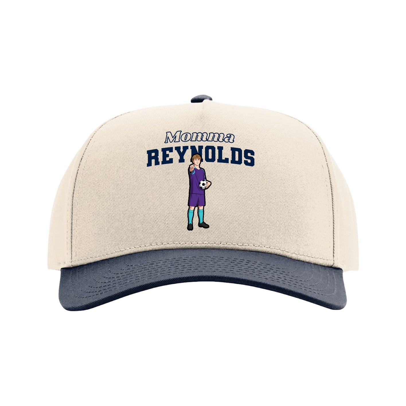 Full Fabric Five-Panel Champ Cap — Mothers Day Block in Cream/Navy