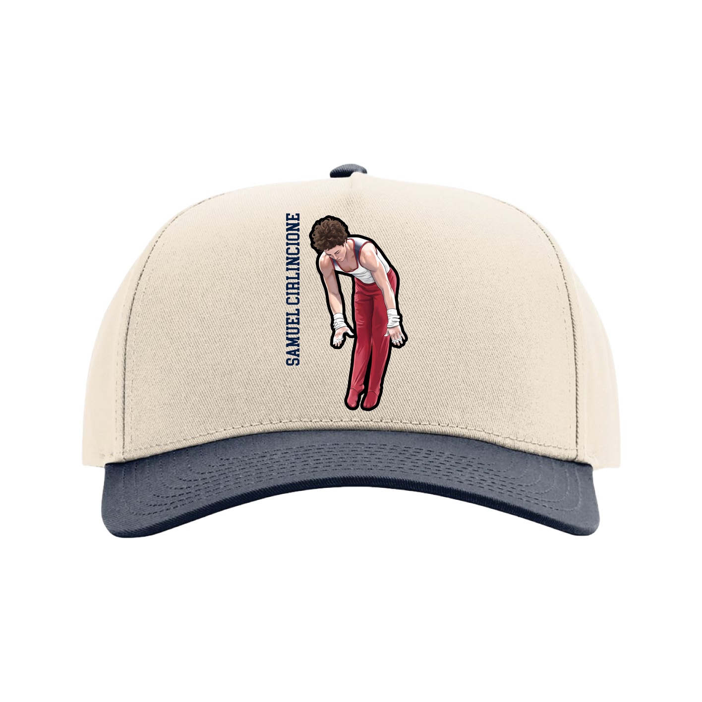 Full Fabric Five-Panel Champ Cap — Name Vertical in Cream/Navy