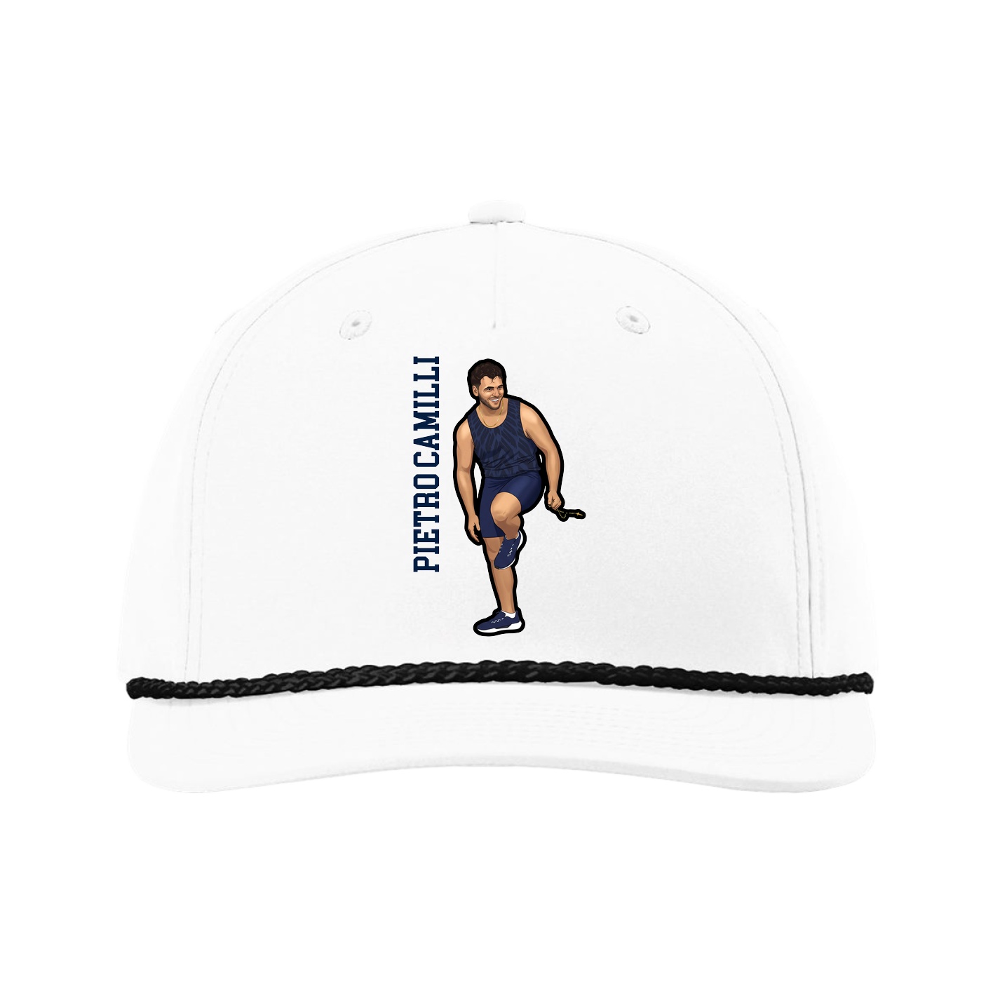 Five-Panel Classic Rope Cap — Name Vertical in White