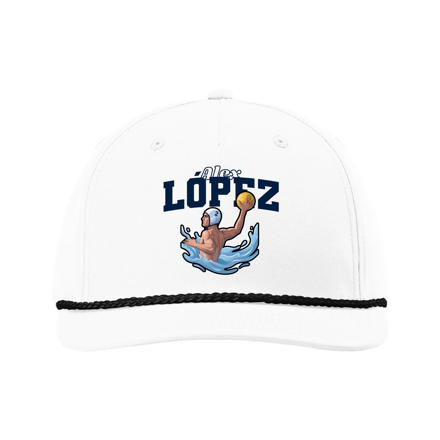 Five-Panel Classic Rope Cap — Name Arch in White