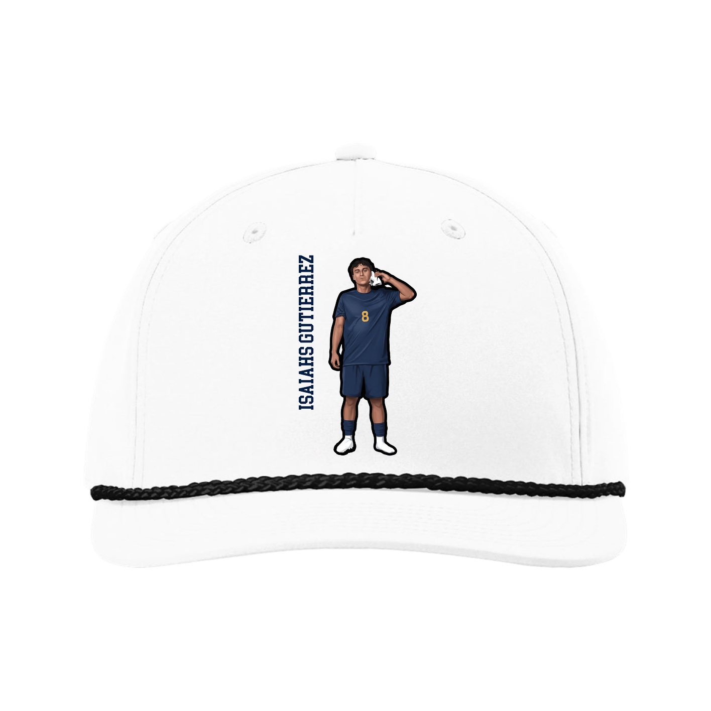 Five-Panel Classic Rope Cap — Name Vertical in White