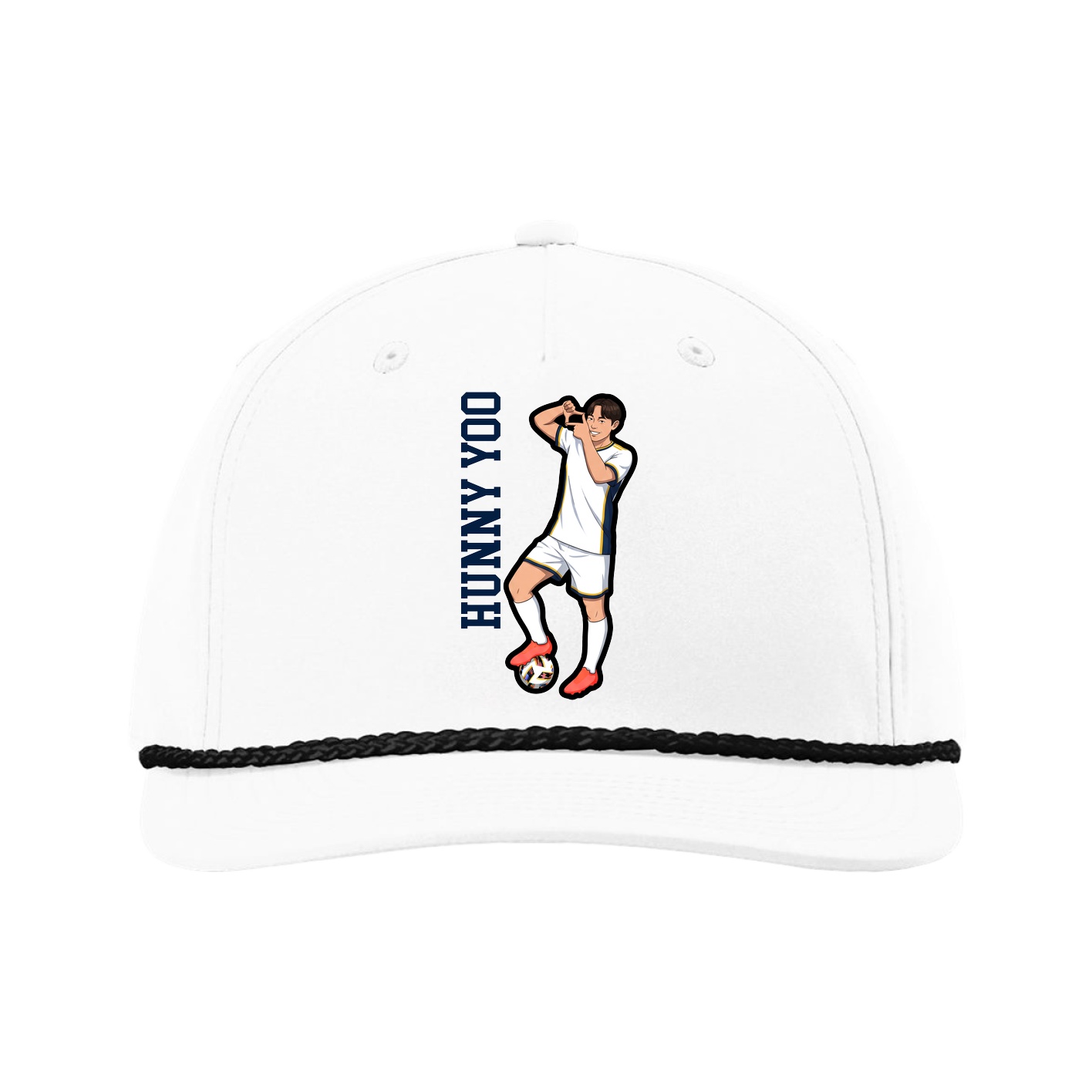 Five-Panel Classic Rope Cap — Name Vertical in White