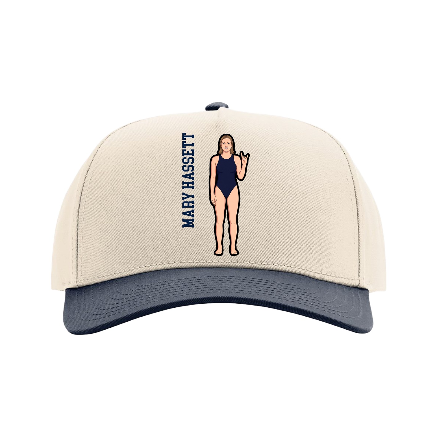 Full Fabric Five-Panel Champ Cap — Name Vertical in Cream/Navy