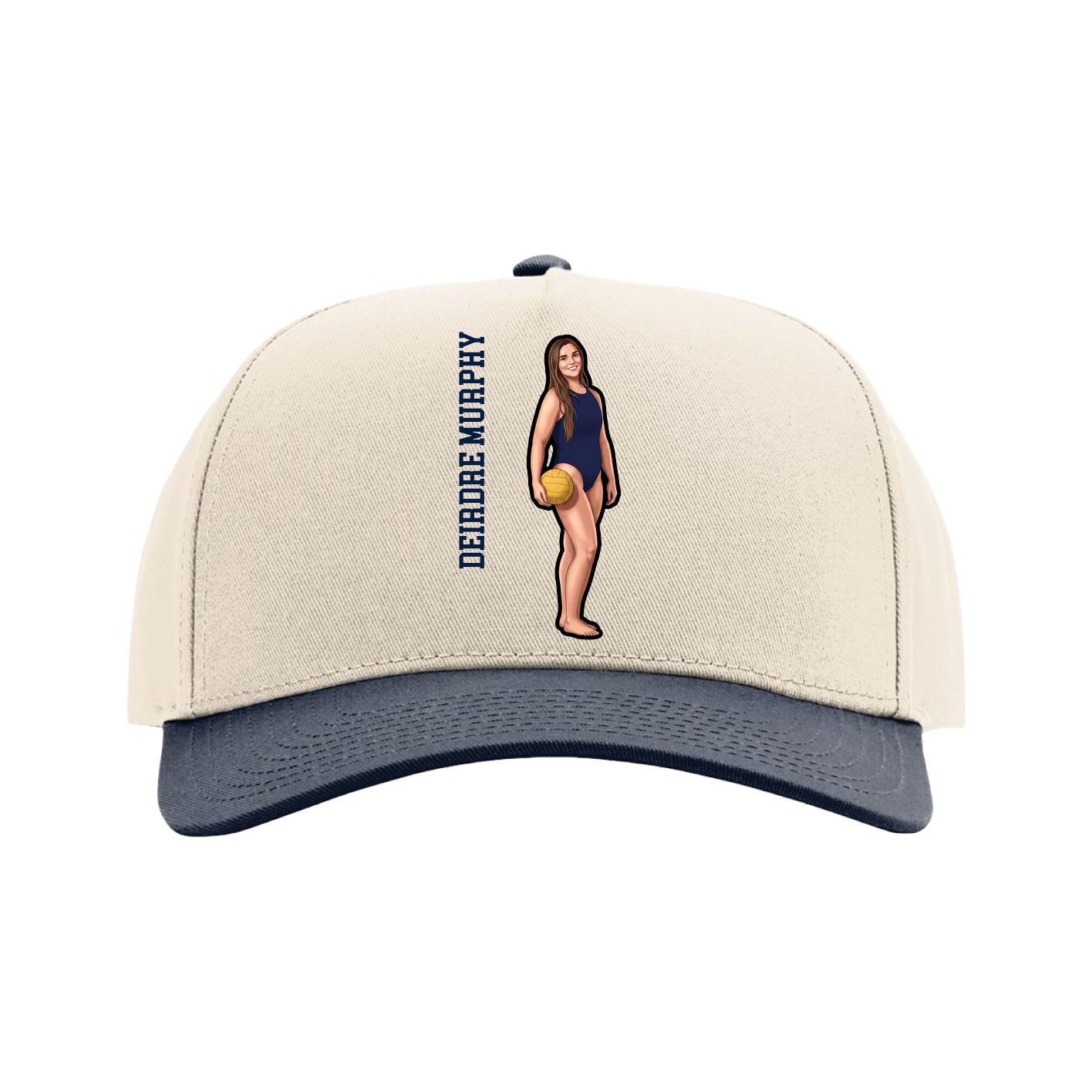 Full Fabric Five-Panel Champ Cap — Name Vertical in Cream/Navy