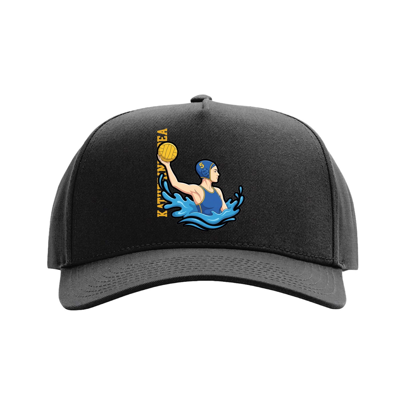 Full Fabric Five-Panel Champ Cap — Name Vertical in Black