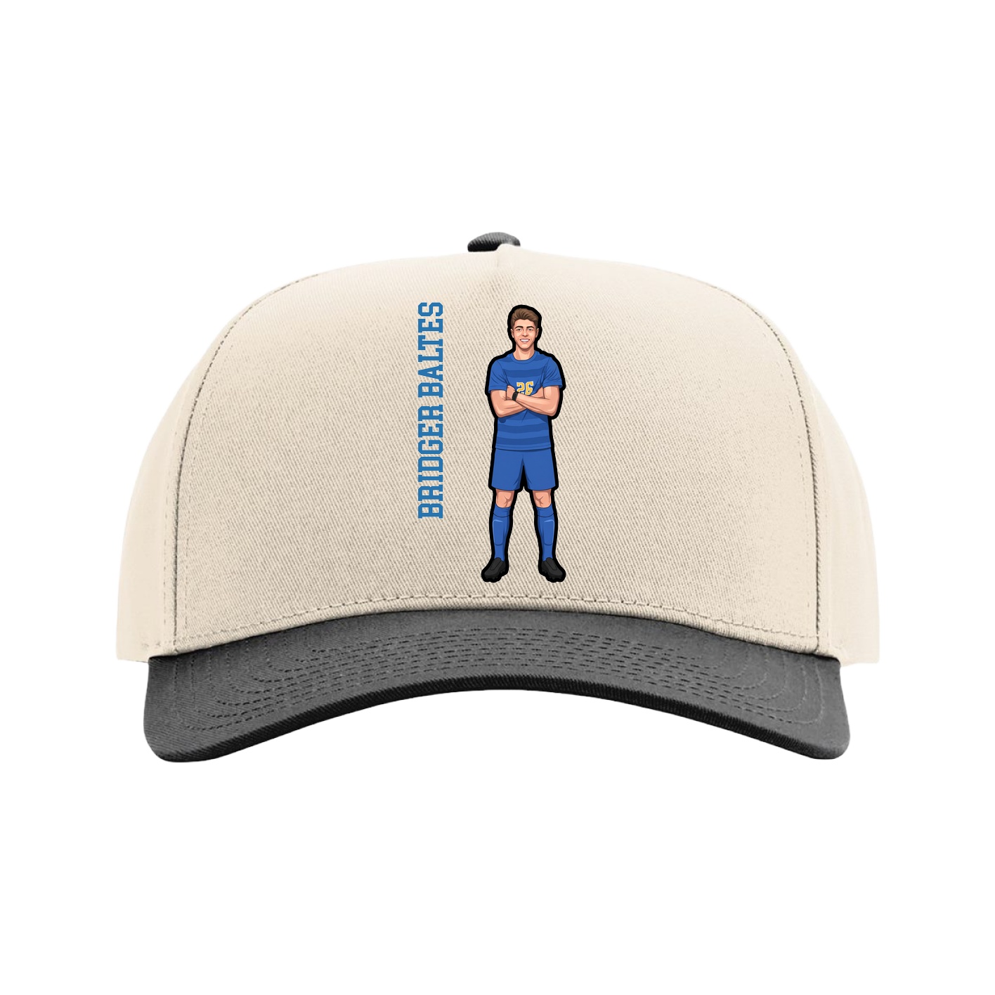 Full Fabric Five-Panel Champ Cap — Name Vertical in Cream/Black